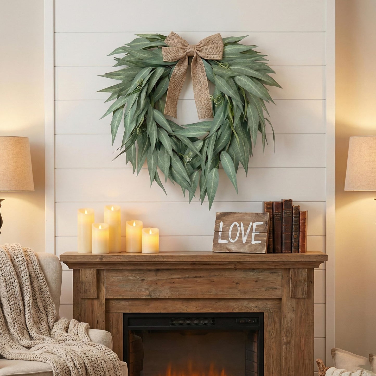 Heart Shaped Artificial Eucalyptus Wreath 20 Inch – Faux Willow Leaves with Burlap Bow, Farmhouse Greenery Door Wreath for Front Door, St. Patrick’s Day, Wedding & Seasonal Home Decor