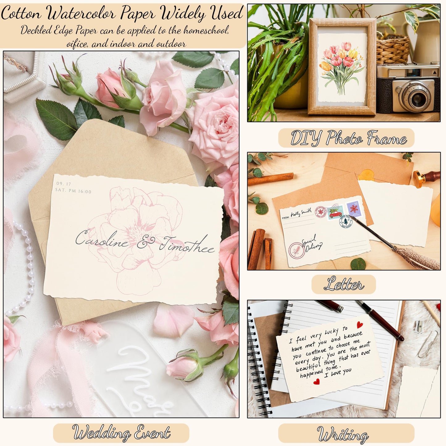 Oleitodh 200 Sheets Cotton Watercolor Paper 4 x 6inch, 140lb/300 GSM Handmade Paper Deckled Edge Watercolor Cardstock Textured Paper for Watercolors, Wedding Invitations, Cards, Crafts