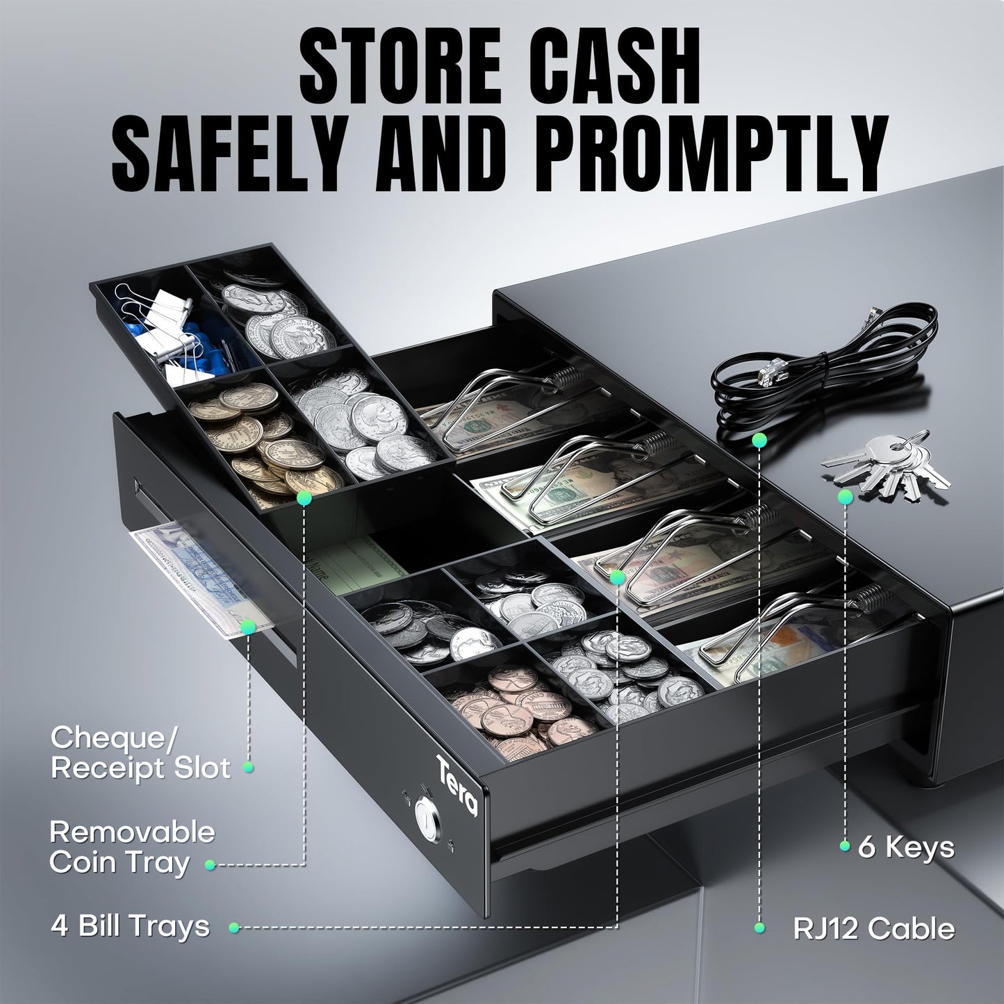 Tera 13 inch Auto Open Cash Register Drawer with 6 Keys Heavy Duty 4 Bill 8 Coin Removable Cash Tray Media Slot 24V RJ12 Key-Lock Round Corner for POS System Small Businesses Retail 330E