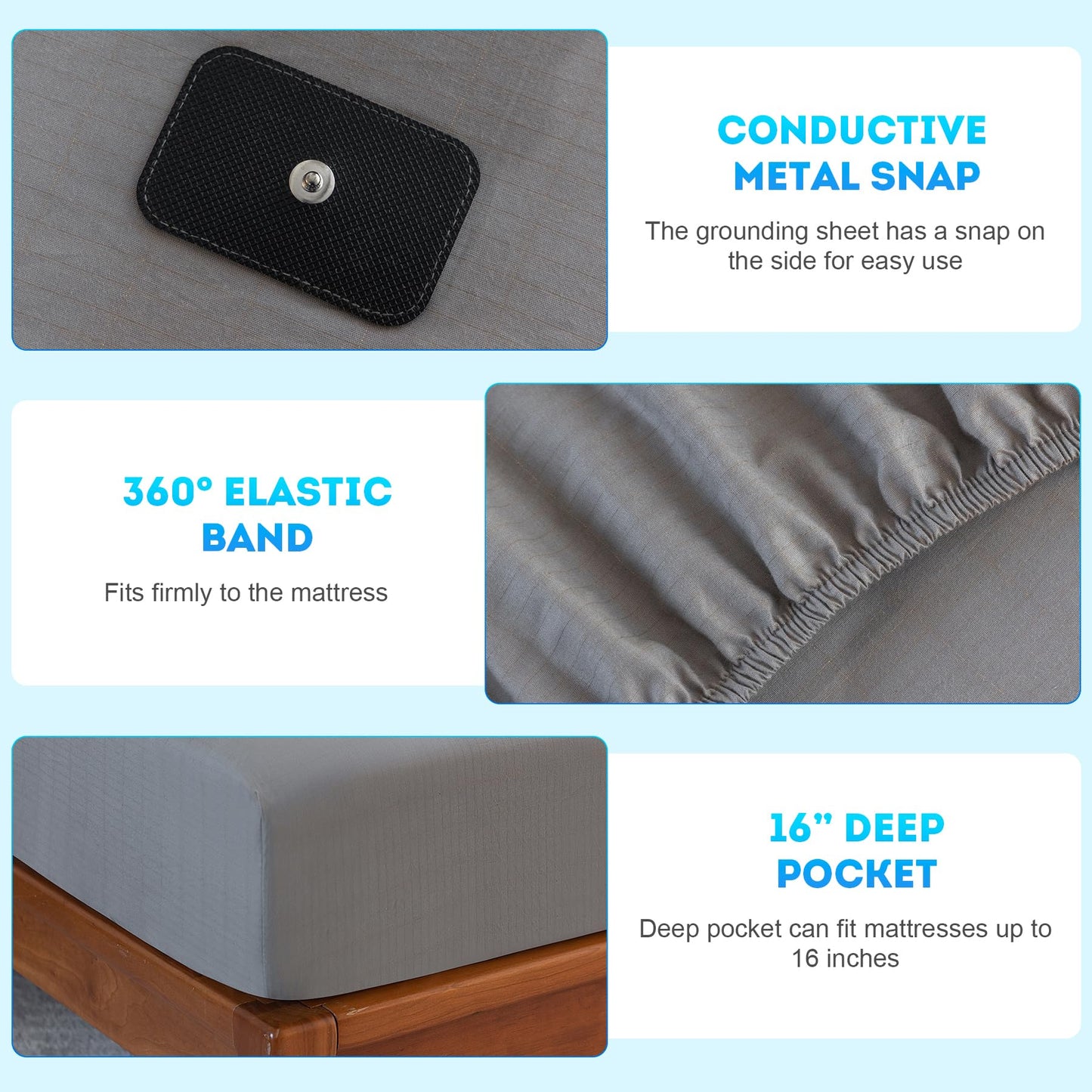 Jessrydo Grounding Sheets King Size 90% Organic Cotton + 10% Pure Silver 16" Deep Pocket Fitted Sheet King Earth Connecting Grounded Bed Sheet for Improved Sleep & Wellness (Gray, King)