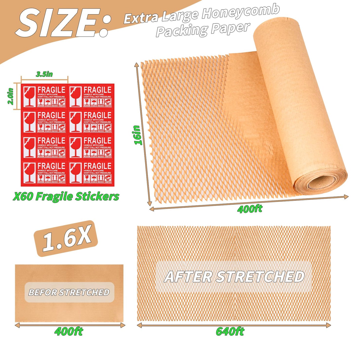 Honeycomb Packing Paper 16" x 400', Bubble Cushioning Wrap for Packing/Shipping/Moving, Eco-Friendly Bubble Packing Paper Wrapping for Fragile Items,Electronics and Bouquet Packaged