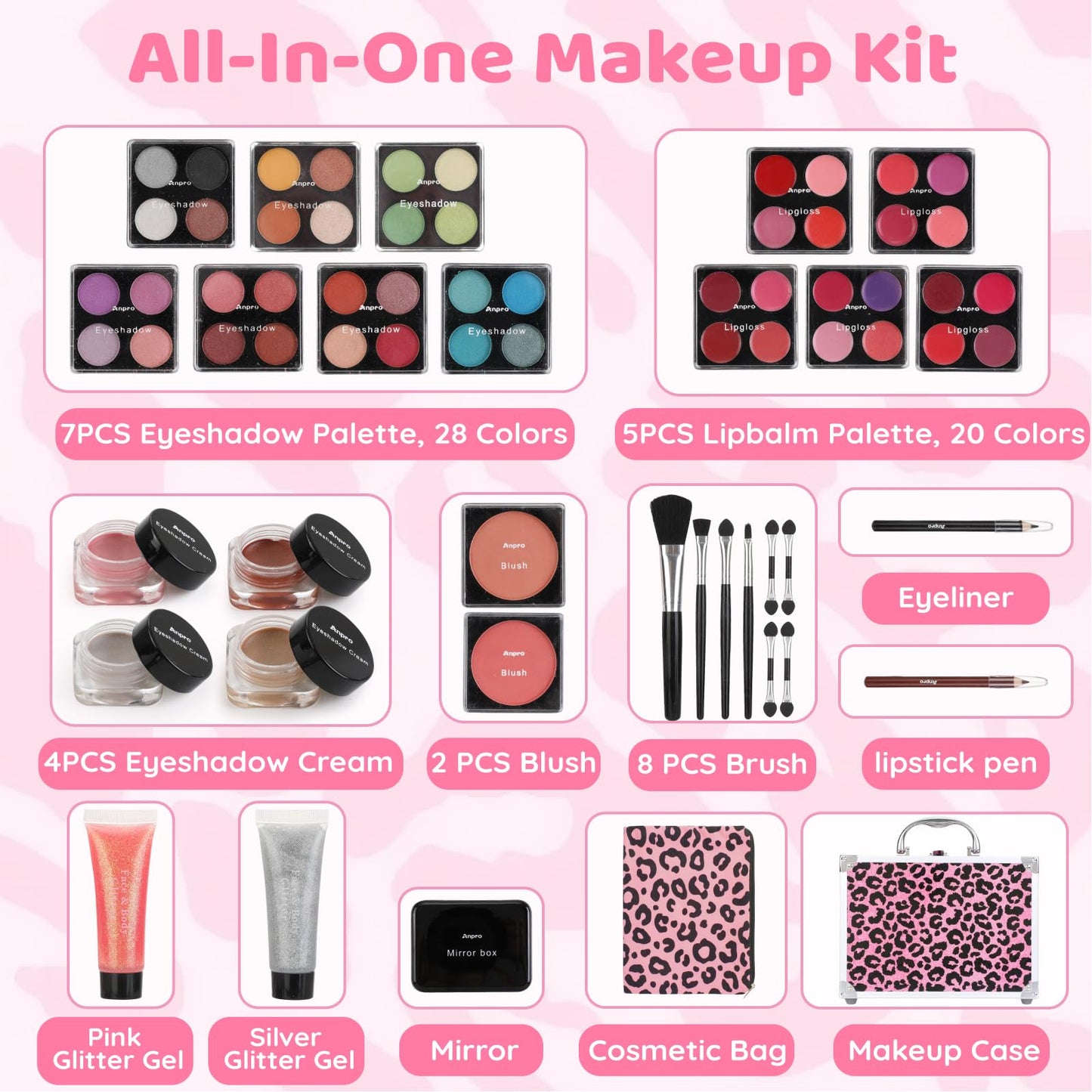 Anpro All-In-One Leopord Double Folding Makeup Carry Case with Pro Teen Makeup Set, Full Starter Kit with Makeup Brushes, Lipsticks, Eyeshadow Palette, Blushes, Glitter Gel, Ideal Present for Girls