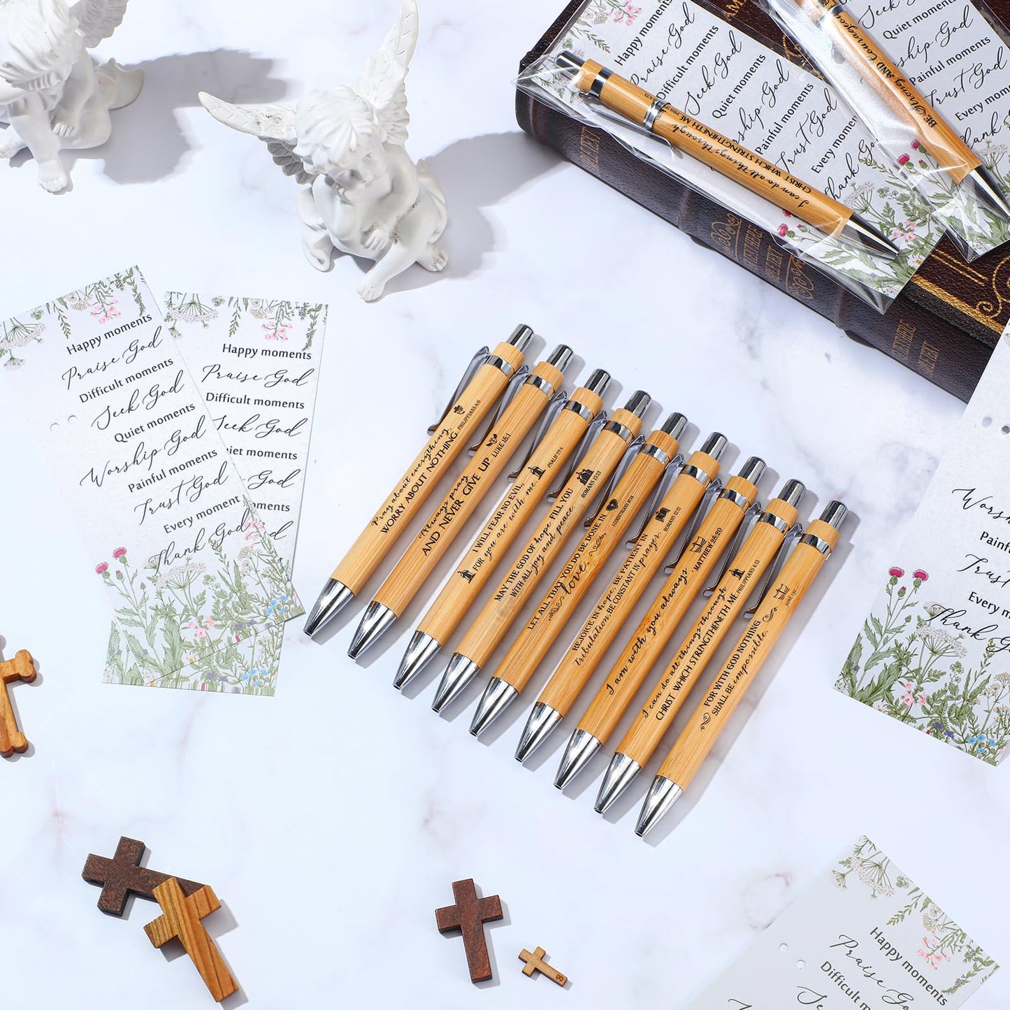 100 Set Christian Religious Gifts Bulk Include Bible Verse Pens and Inspirational Bookmarks Scripture Quote Bible Study Group Church Gifts for Christian Graduation Father's Day Pastor (Bamboo)