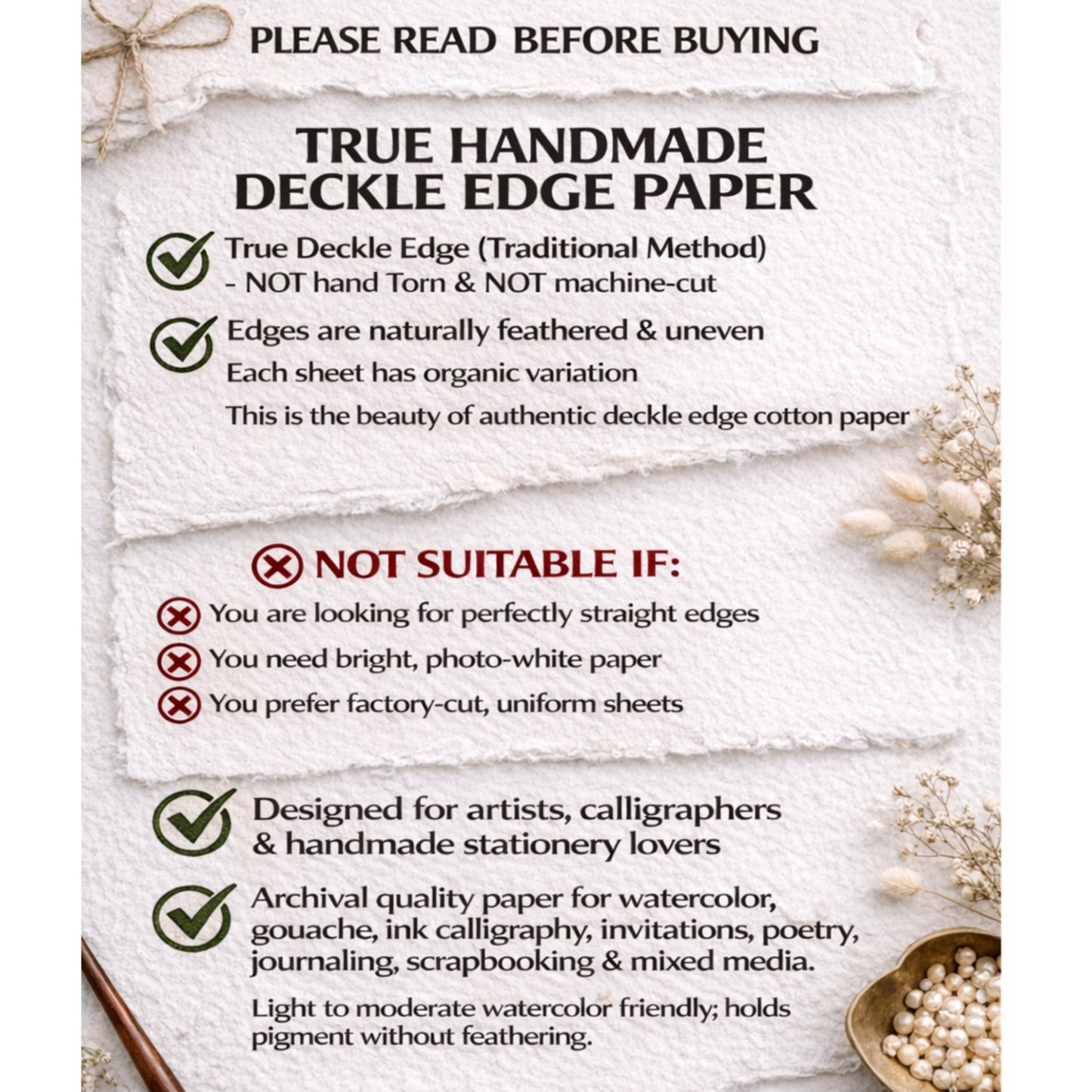 Handmade White Deckle Edge Blank Paper - A5 Size Package of 50 - Mixed Media Loose Leaf Paper for Watercolor, Writers, Invitations, Crafts - Thick 150 GSM - 8 x 6'