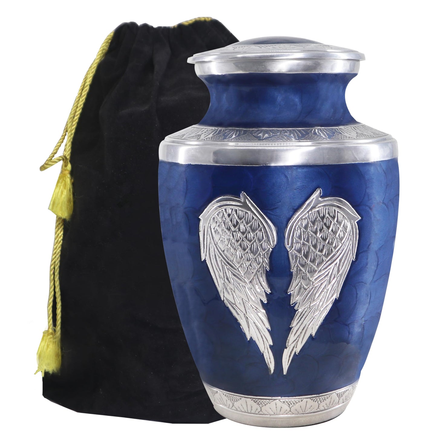 M MEILINXU Urns for Human Ashes Adult Man & Women, Cremation Urn for Ashes Adult Male & Female, Burial Urn, Decorative Urns for Funeral, Silver Engraved Angel Wings, Dark Blue and Silvery - Large