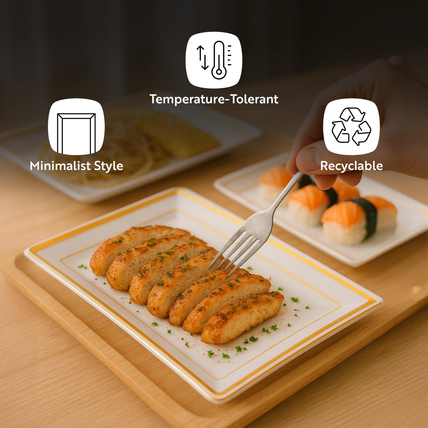 Restaurantware Moderna 7.5 x 5.3 Inch Premium Disposable Plates 100 Rectangular Plastic Plates For Parties - Durable Heavy-duty White Plastic Dinner Plates For Warm And Cold Foods