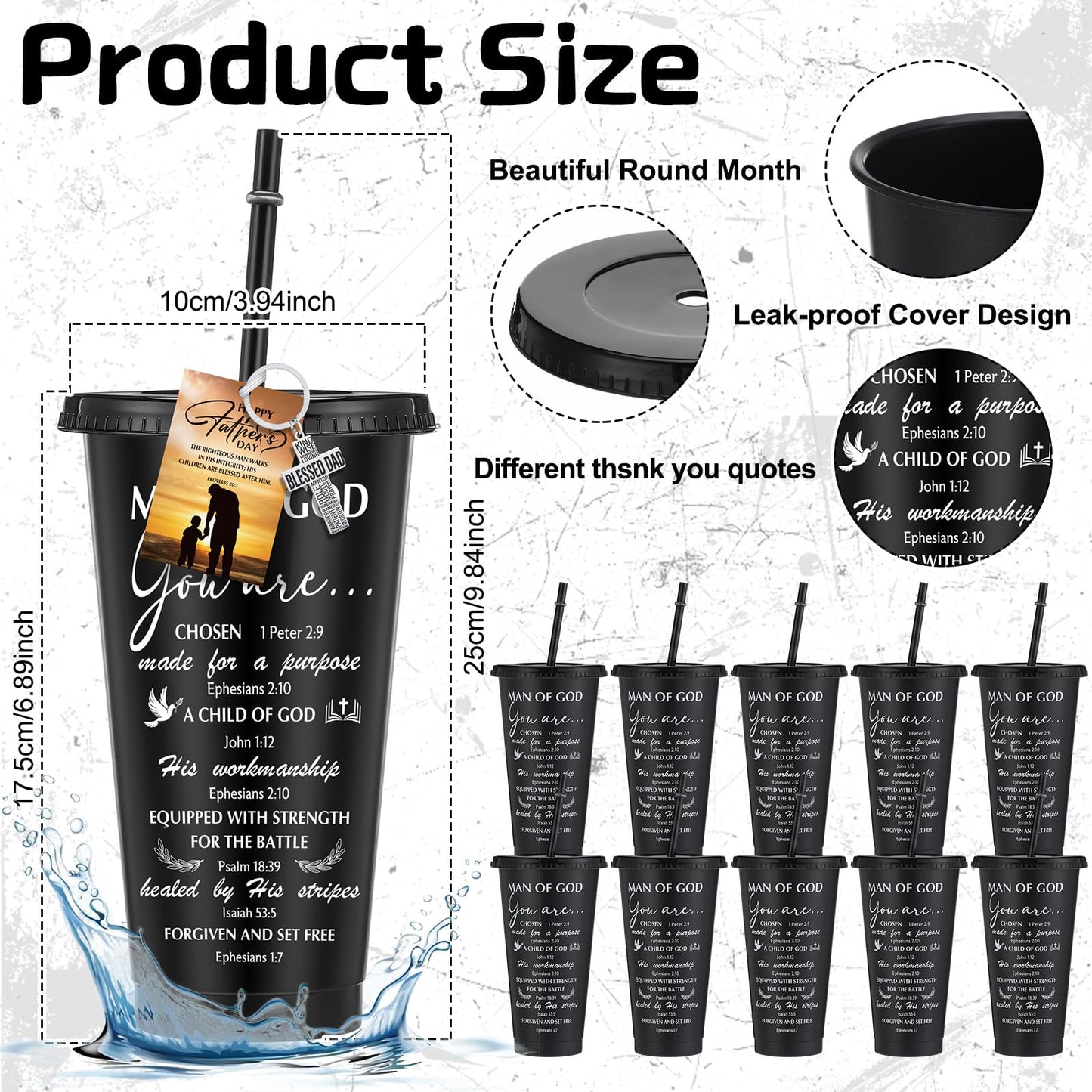 Skylety 24 Sets Father's Day Cup Gift Set Inspirational Christian Gift Bible Verse Tumbler Bulk Cups with Lids and Straws 24 oz Plastic Tumbler Religious Plastic Cup for Church Party Favor