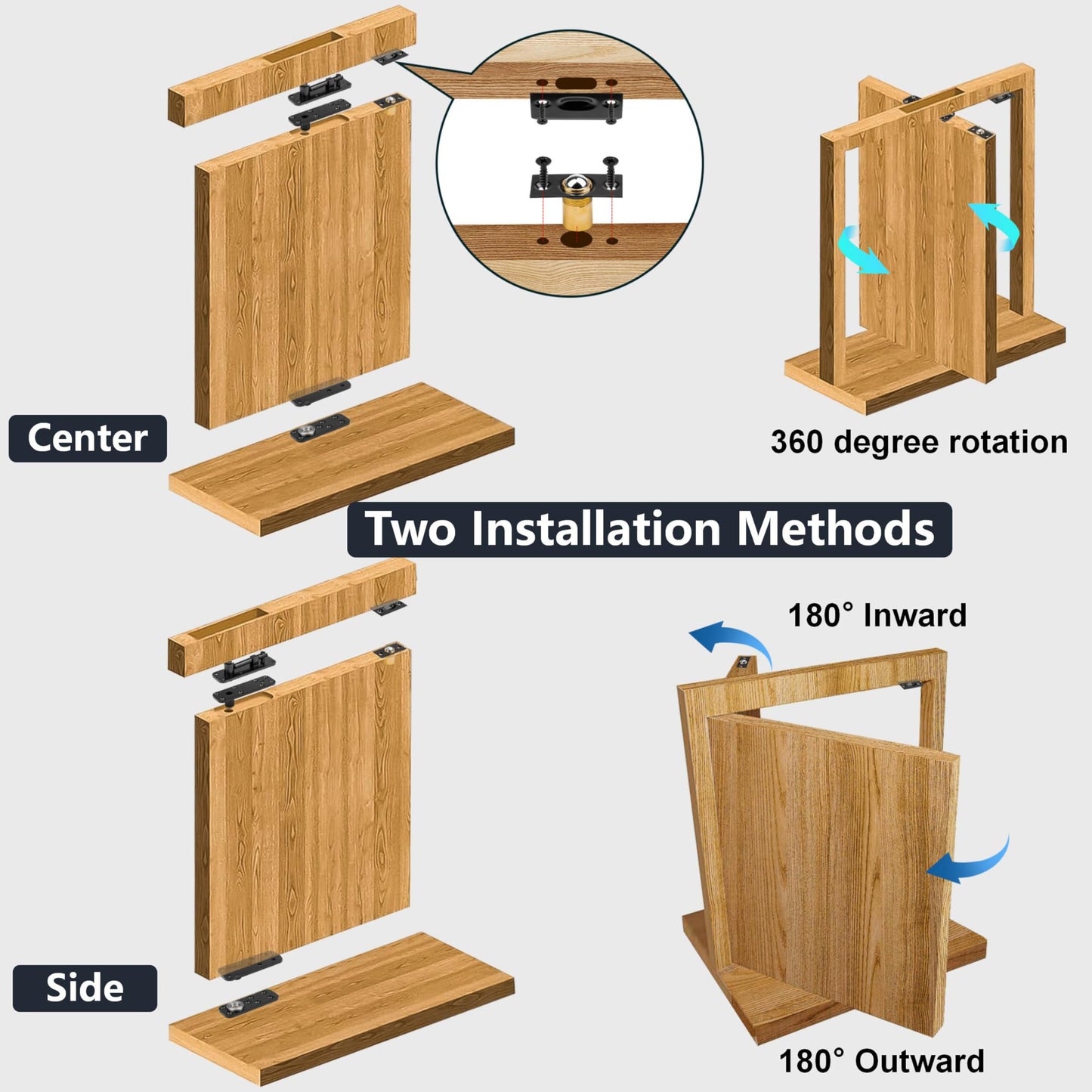 Hidden Pivot Hinge for Secret Door & Murphy Bookcase,570Lbs Load-Bearing,360°Rotation Hidden Door Hardware Set with Sturdy Steel,Smooth Bearing Design，2Set(Black)