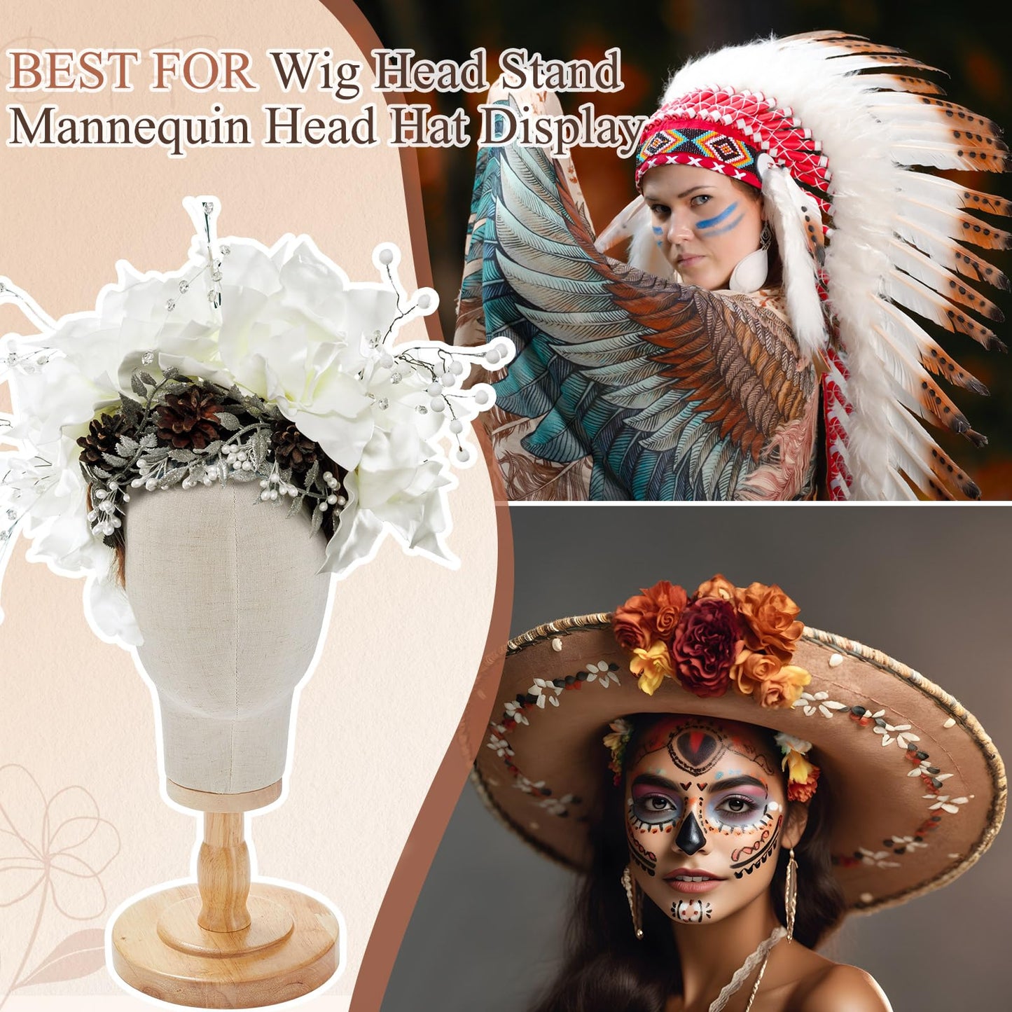 RattanView 2 Pcs Wig Stand with Head 23 Inch Linen Mannequin Head with Wooden Stand Canvas Mannequin for Hats Wigs Caps Headdress Home Store Hair Salon