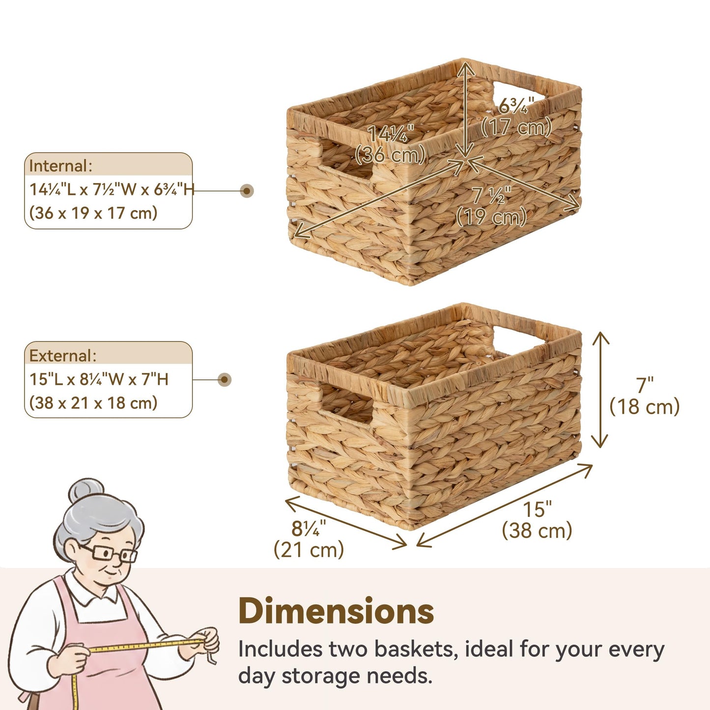GRANNY SAYS Wicker Storage Baskets for Shelves, Wicker Baskets for Organizing, Water Hyacinth Woven Basket for Storage, Rectangle Basket for Pantry, Laundry, 2-Pack