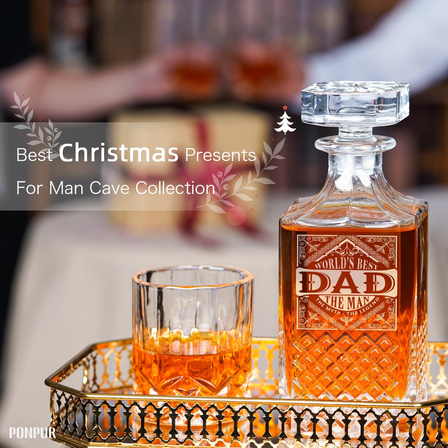 PONPUR Gifts for Men Dad, Whiskey Decanter Set with 2 Glasses with Wooden Box, Unique Dad Birthday Gift from Daughter Son, Best Dad Father Husband Presents for Anniversary Christmas