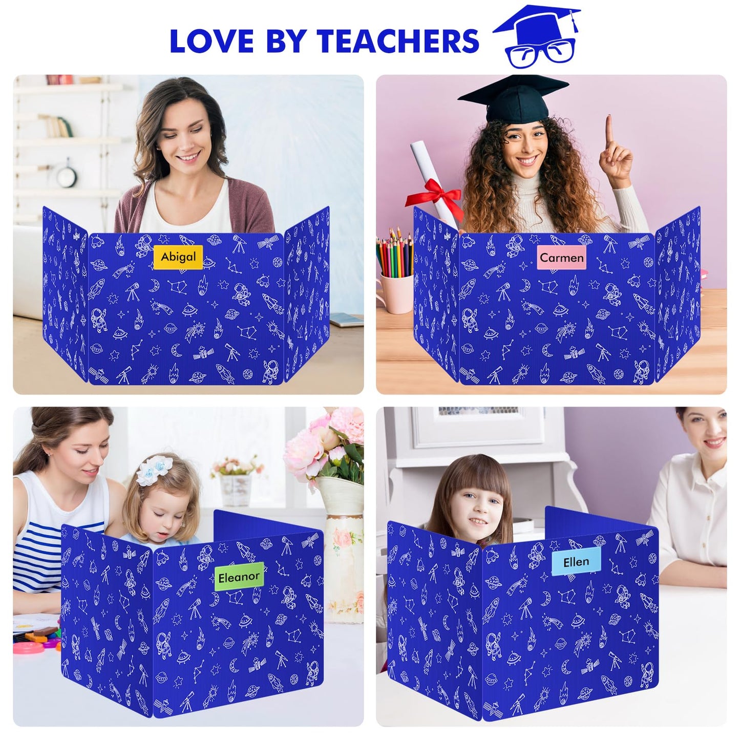 Blue 24-Pack Desk Dividers for Students, Space Style Plastic Study Carrel Divider, Durable Testing Dividers for Classroom Teacher Supplies, Easy to Clean Privacy Shield Folder Boards for Student Desk