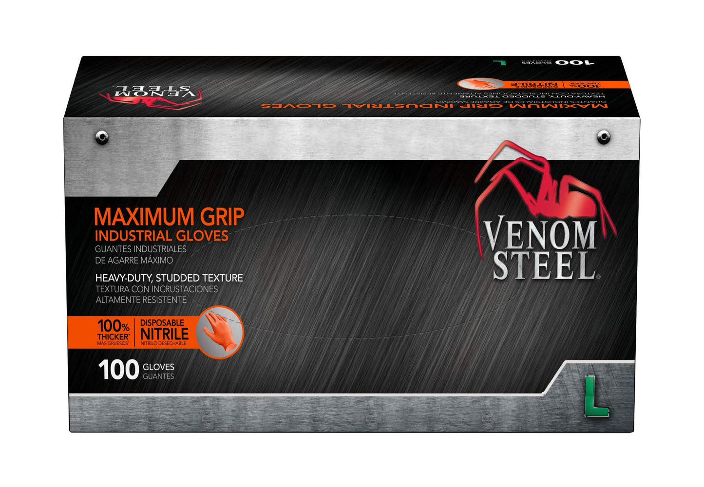 Venom Steel Maximum Grip Nitrile Gloves, 8 Mil Thick, Raised Diamond Texture For Grip, Puncture and Rip Resistant, Hi-Visibility Orange, Large (100 Count)