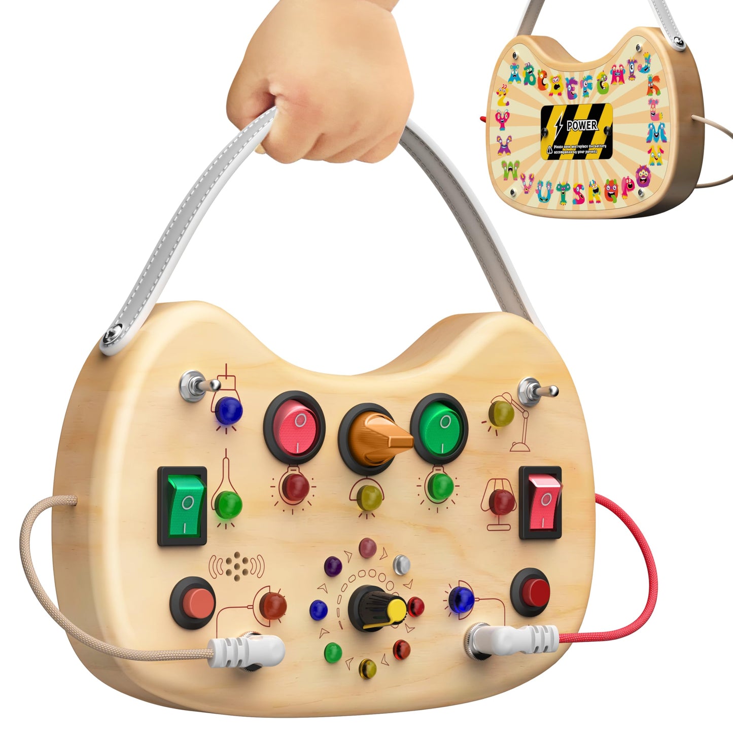 Busy Board with LED Light Switches,Toddlers Montessori Travel Toys for 1 2 3 Years Olds,Wooden Autism Activity Busy Board,Portable Sensory Switch Board toys 1+ Year Old Boy&Girl Birthday Gift
