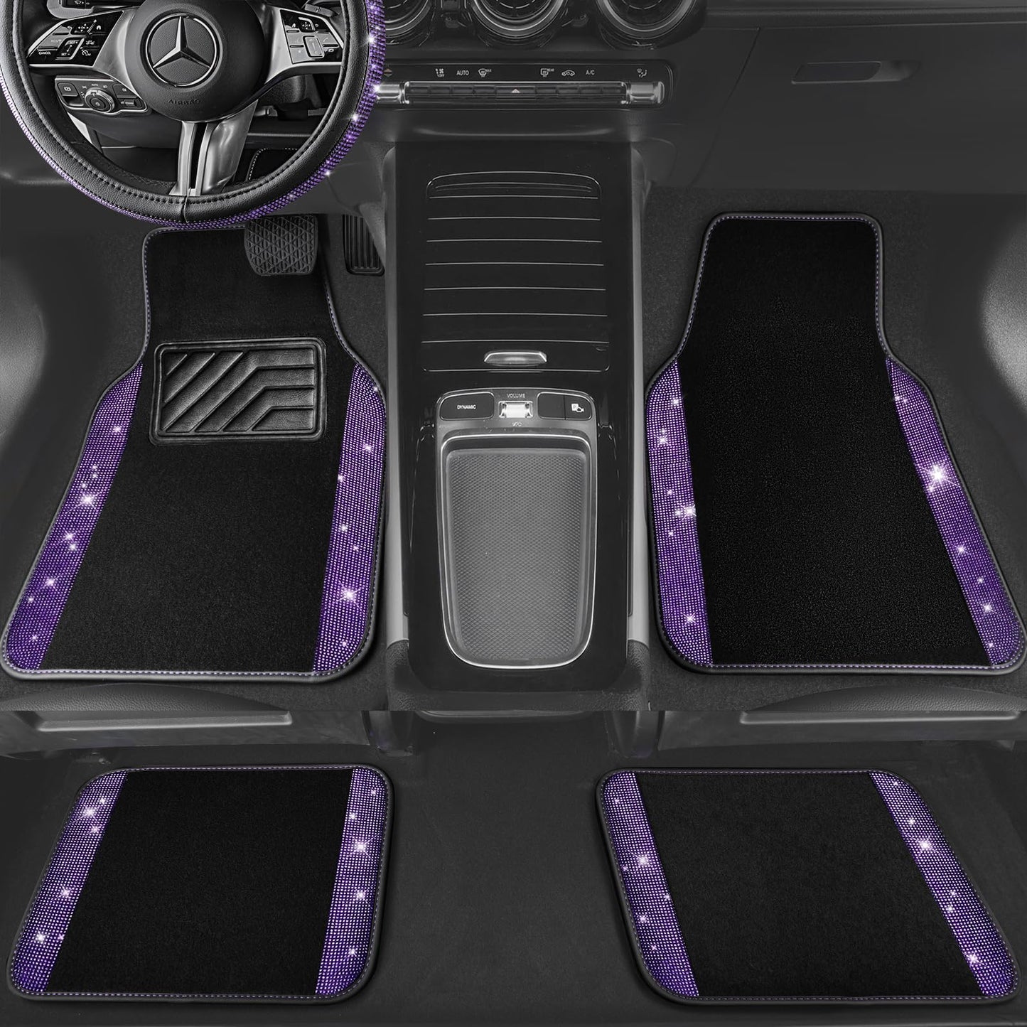 CAR PASS Bling Diamond Leather Steering Wheel Cover 14.5in-15in Floor Mats Shining Rhinestone Carpet Sparkly Glitter Crystal Anti-Slip Pad Fit Automotive SUV Pickup Truck Girl Women, 5pcs Black Purple