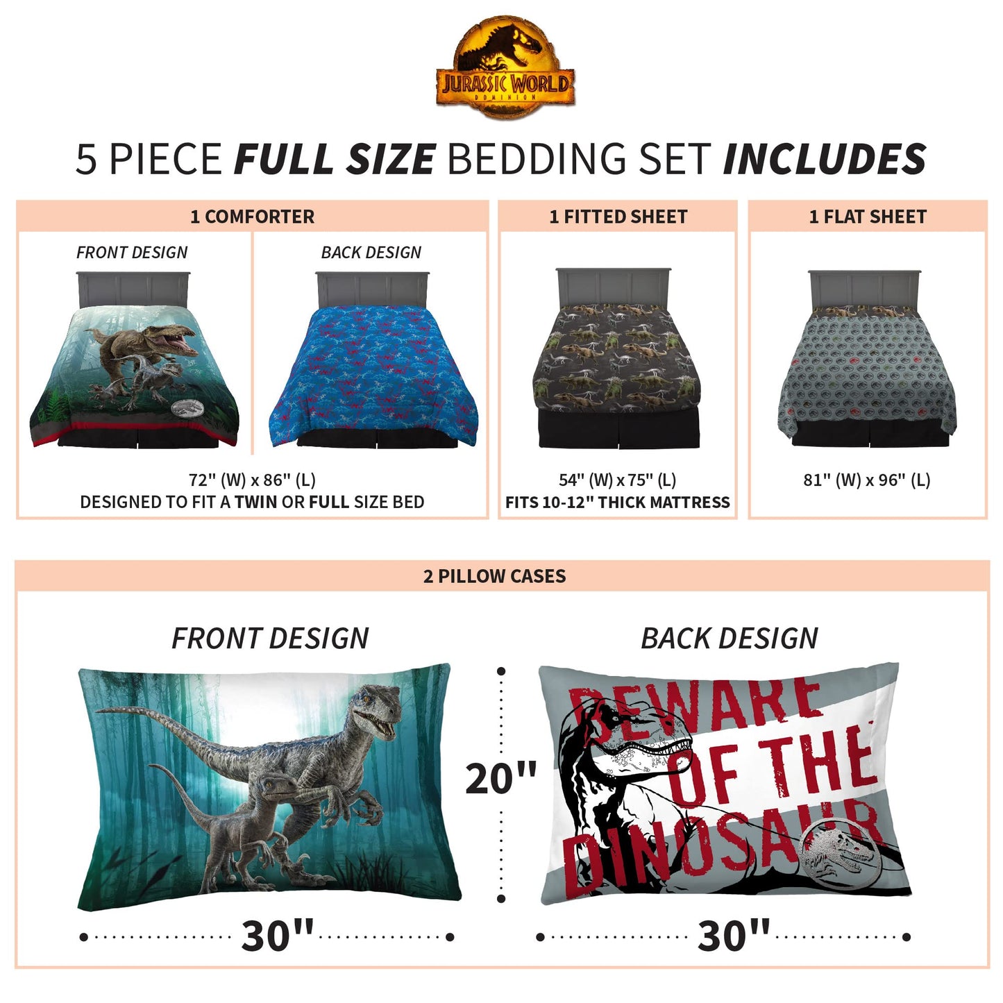 Franco Kids Bedding Super Soft Comforter and Sheet Set, 5 Piece Full Size, Jurassic World Dominion