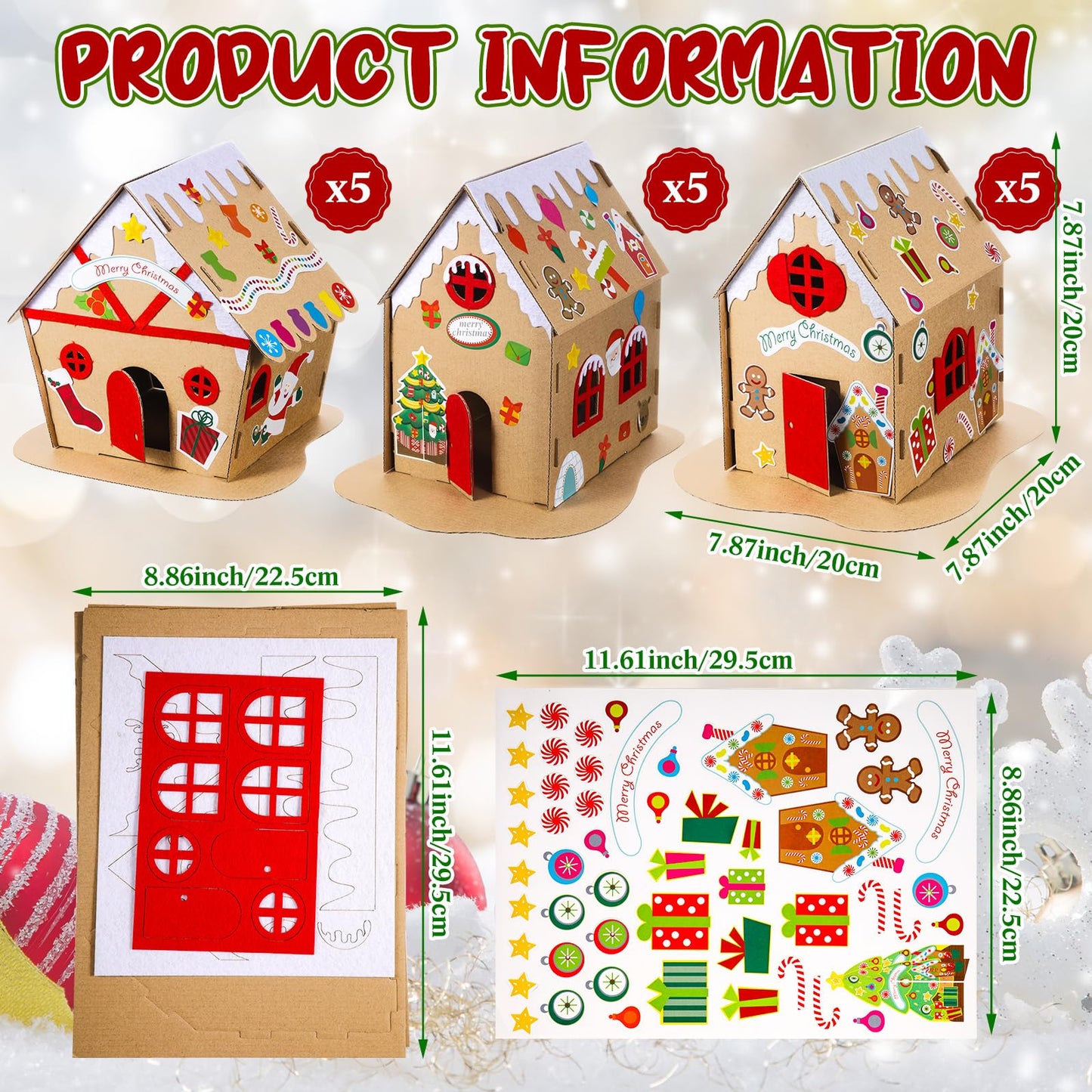 Hiboom 15 Pack Christmas Craft Kit Large Christmas Gingerbread House Kit with Flameless Candle Xmas Craft House Make a Gingerbread House Craft 3D Xmas Craft for Holiday Party Game Craft Decor Supplies