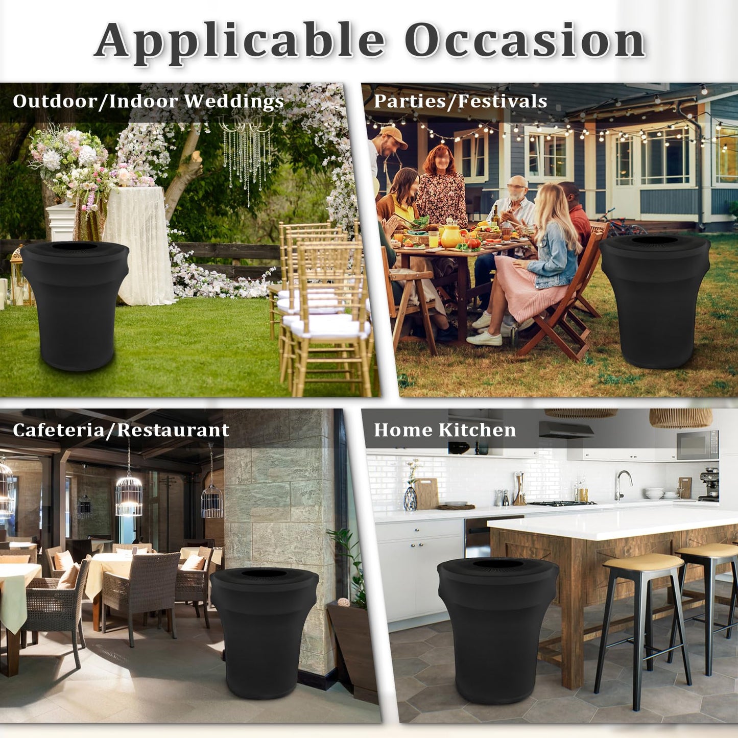 BSTKEY 44 Gallon Stretch Spandex Trash Can Cover, 4 Pack Outdoor Fitted Waste Container Cover Round Garbage Can Covers for Wedding Party Commercial Fundraiser Decor, Without Trash Can (Black)
