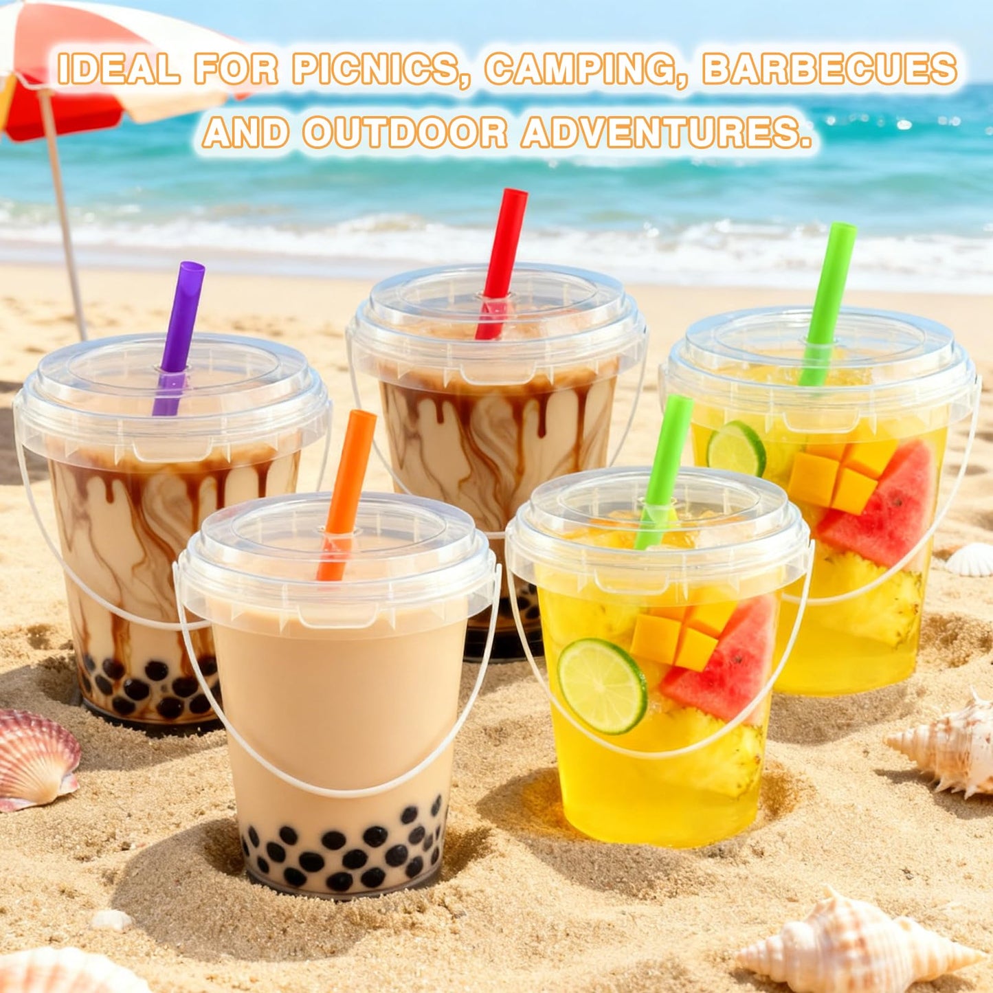 Qsqwsuye 30Sets Disposable Cups With Lids and straws 34oz Drink Buckets with Handles for Outdoor HolidayTravel Wedding Birthday Party Supplies