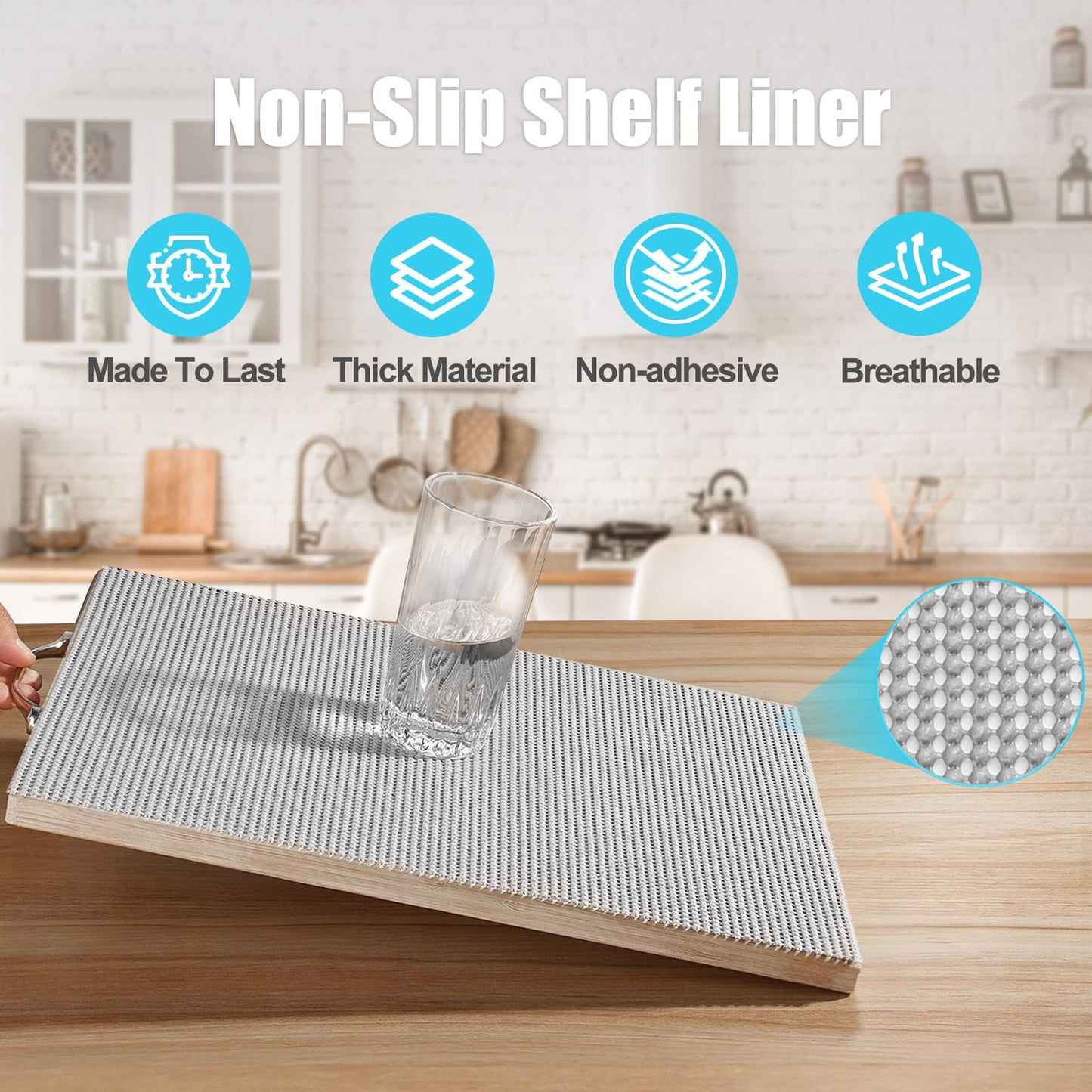 Songrey Non-Adhesive Drawer and Shelf Liner, Non Slip Cabinet Liners, Protect Kitchen Cupboard, Bathroom Drawers, Breathable, Thick Strong Grip mat (12IN x 20FT, Light Gray)