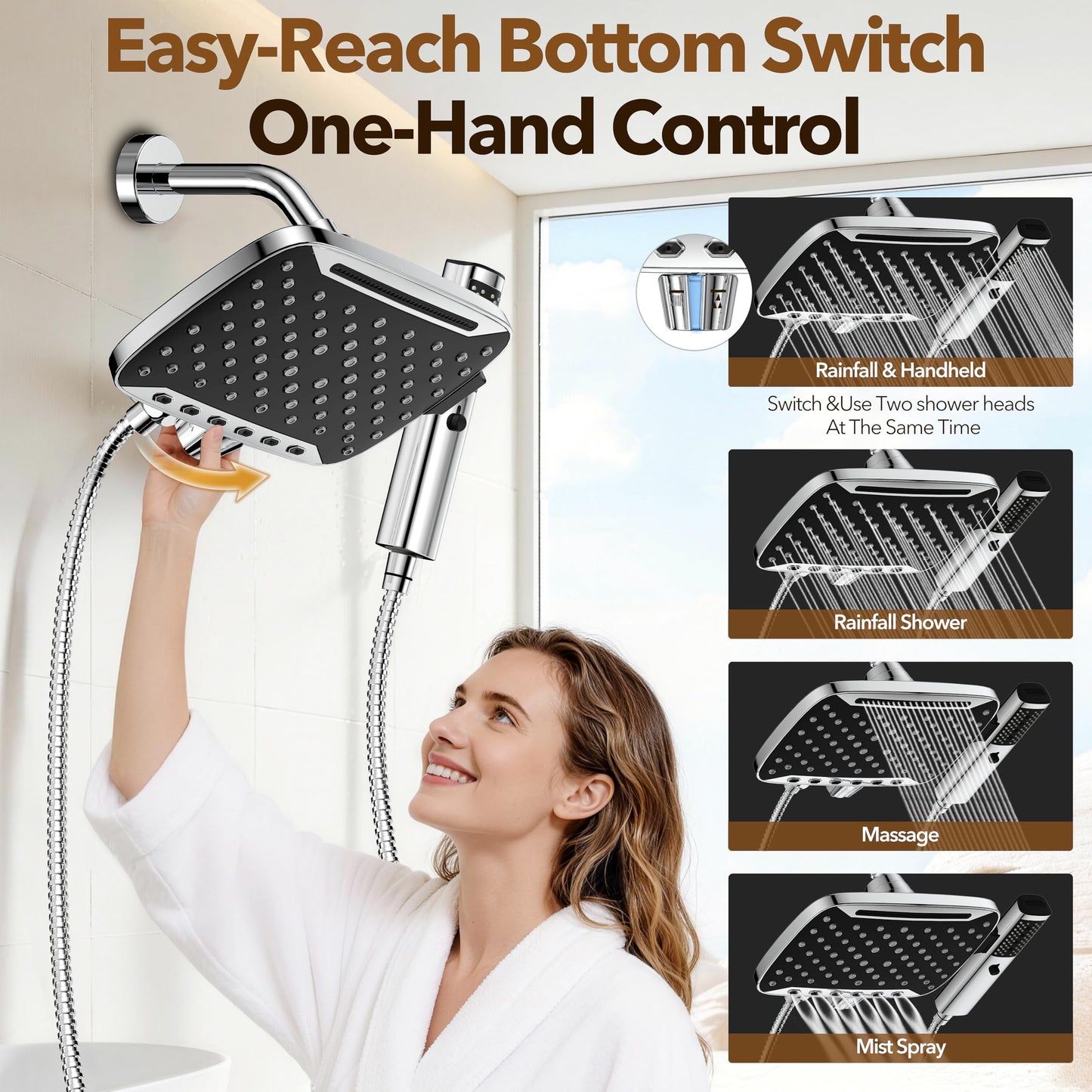 JDO High Pressure Rain Shower Head with Handheld Spray, 7 Modes Dual Shower Head Combo, 10 Inch Rainfall Showerhead Detachable, Power Wash for Bathroom Cleaning