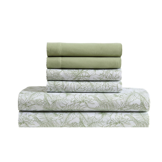 Caribbean Joe 6-Piece Sheet Set with Cooling Pillowcases, 12-inch Deep Pockets, Tropical Beach Coastal Design, Queen, Tropical Toile Green