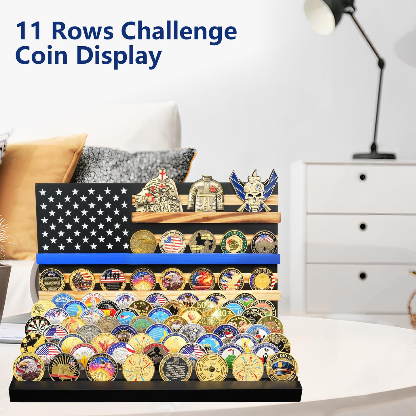 11 Rows Challenge Coin Display, Removable Military Coin Holder Display with American Flag, Wooden Coin Display Case Rack Holds 95-106 Coins,Black