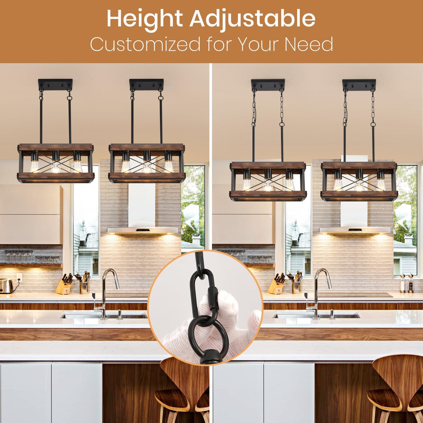 HOXIYA Farmhouse Kitchen Island Light, 3 Lights Pendant Lighting Fixture, Rustic Wood Chandelier, Adjustable Height Metal Linear Light for Dining Room Kitchen Bar Pool Table.