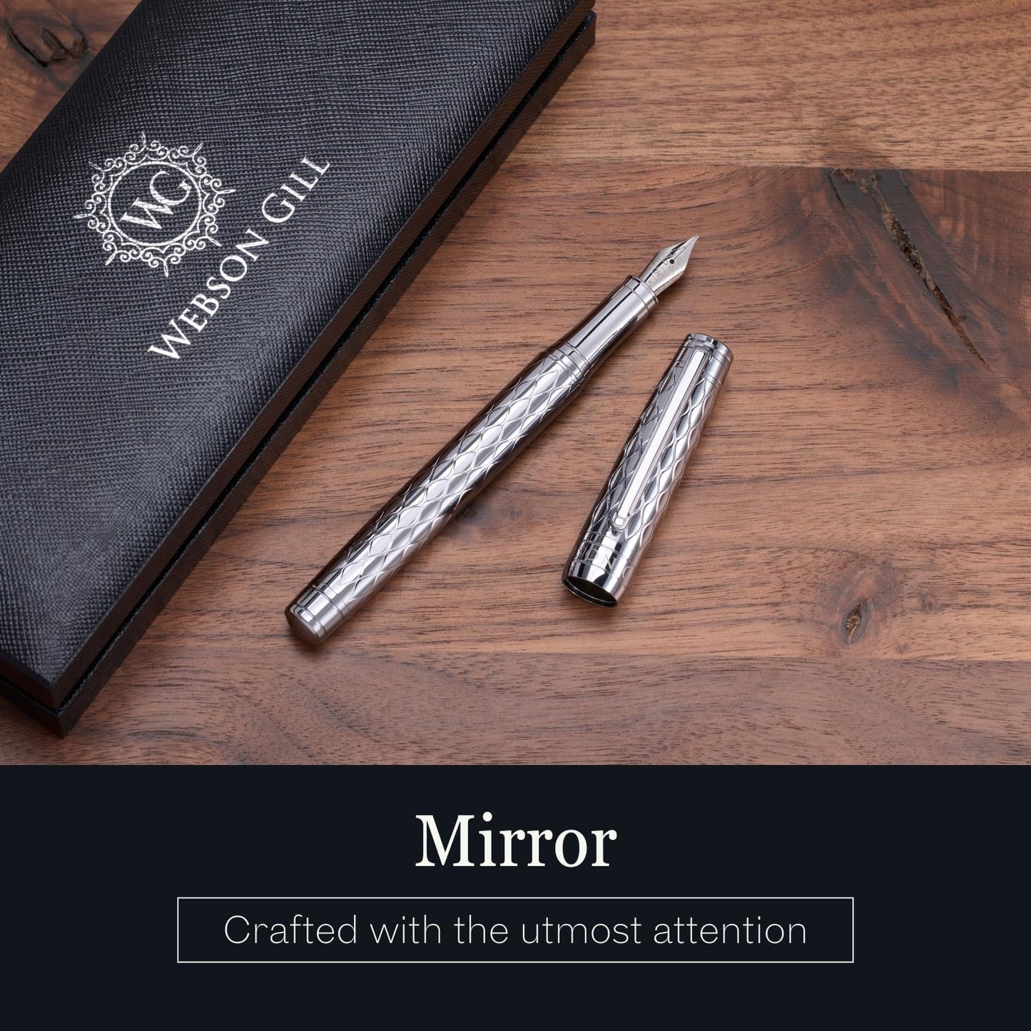 "Mirror" Chrome Luxury Executive Fountain Pen, Ultra Smooth Polished Chrome Silver Accents, Steel Nib, Easy Refill Ink Piston Converter, No Bleed No Smudge, Fits Our Instant Insert Ink Cartridges