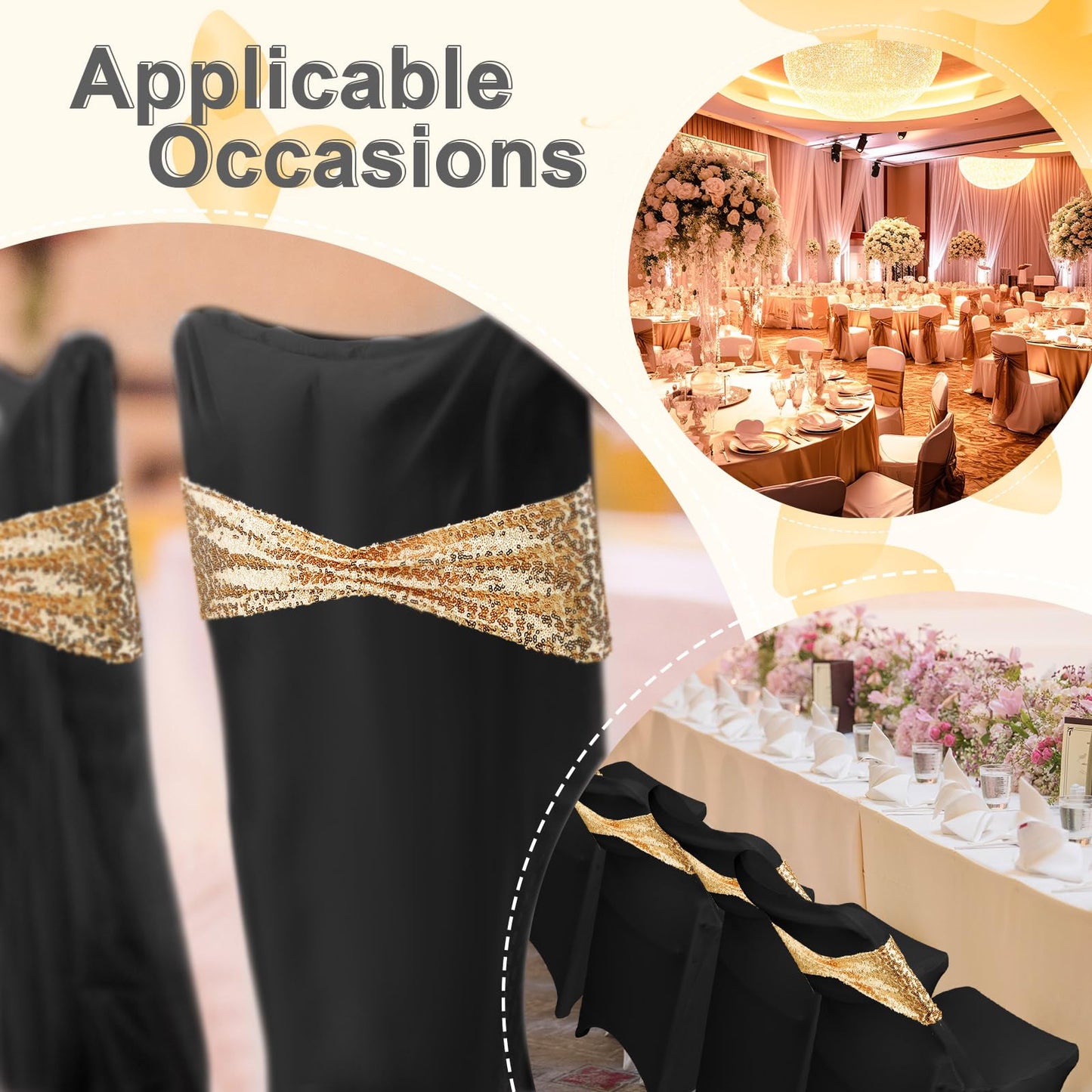 Windyun 50 Pcs Stretch Spandex Folding Chair Cover and Sequin Chair Sashes Set, 25 Double Sided Sequin Bows and 25 Universal Washable Protector for Wedding Banquet(Black, Gold)