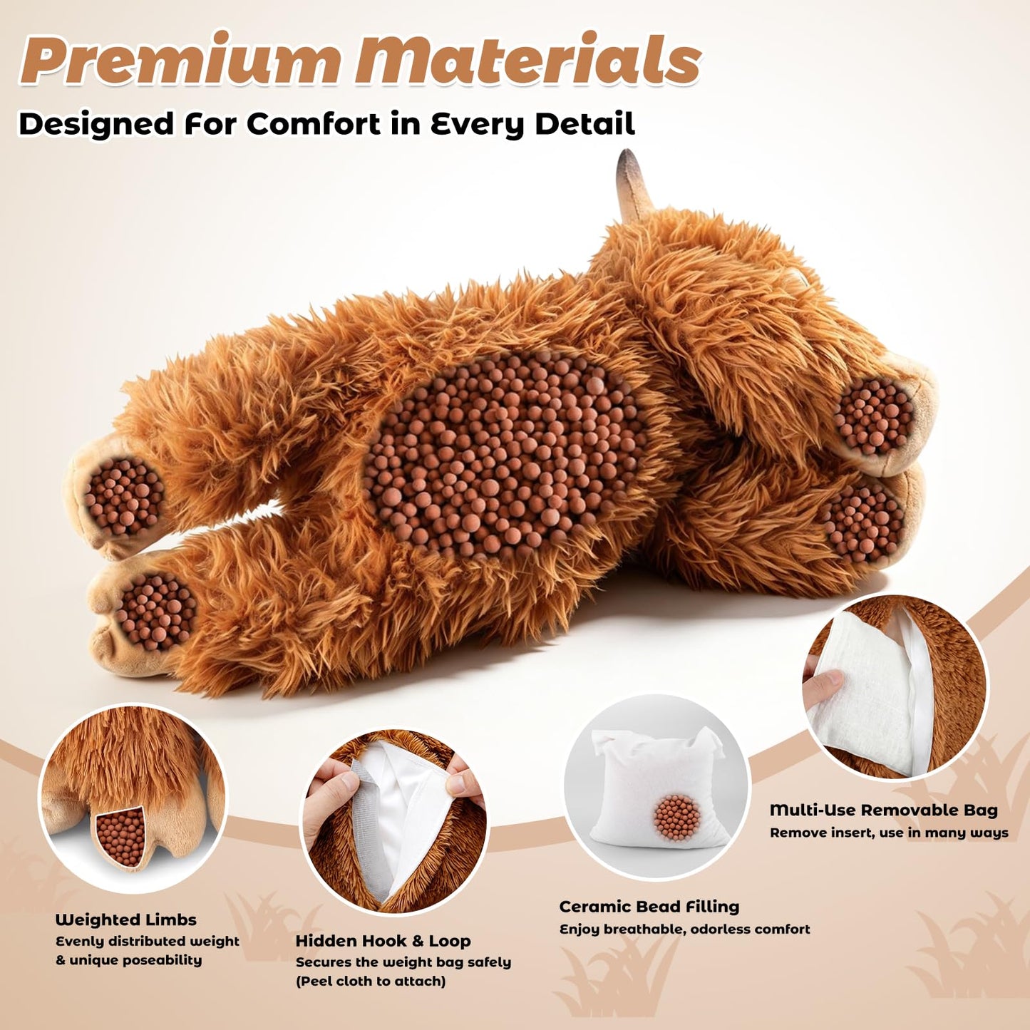 24" & 4.5 lbs Highland Cow Weighted Stuffed Animal, Adjustable Sitting & Laying Plush Toy Pillows with Removable Ceramsite Bag for Companion, Cuddly & Soft Gifts for Adults, Kids, Boys and Girls
