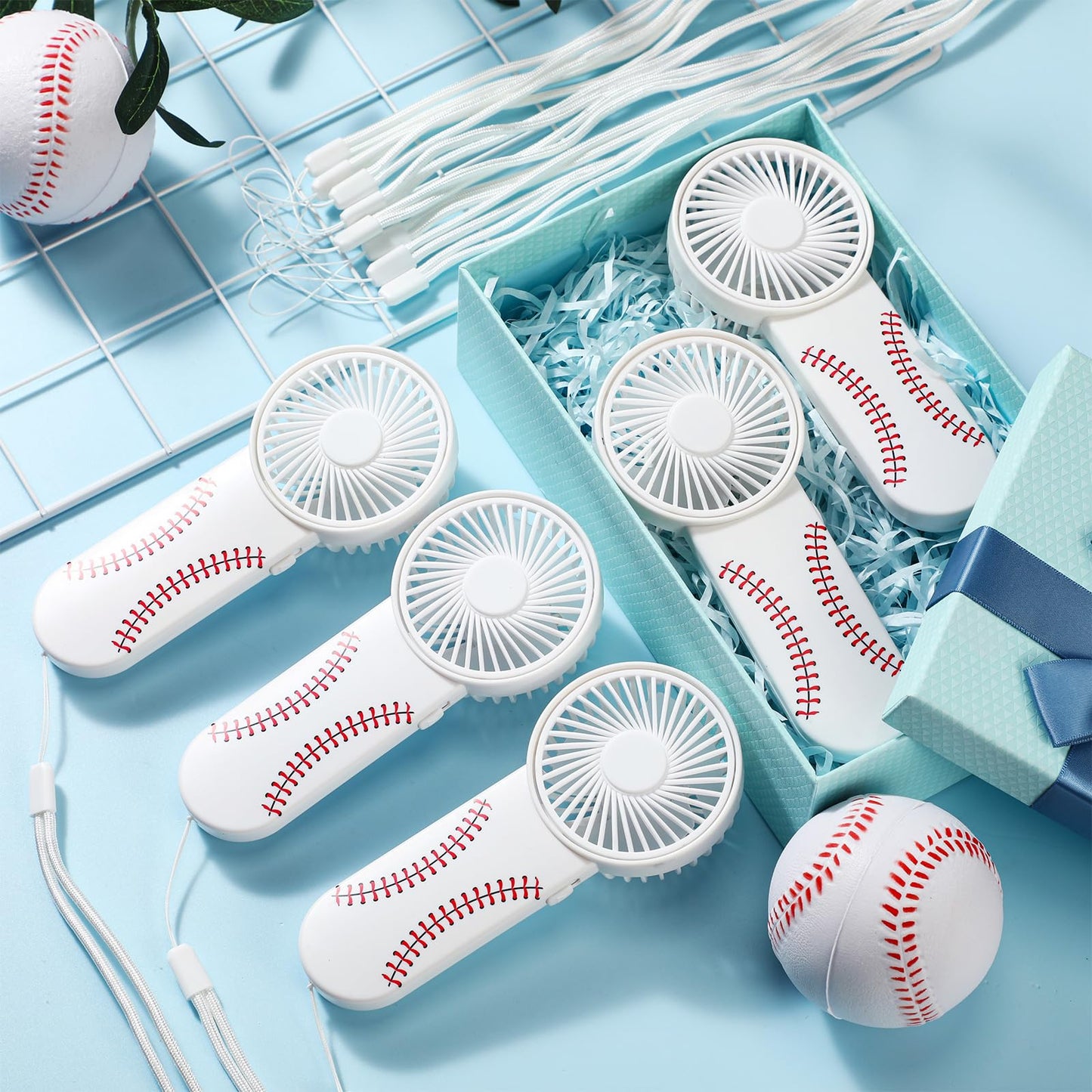 Honoson 12 Pcs Mini Portable Baseball Fan Bulk Small Personal Handheld Fan with Lanyard for Team Gift Game Outdoor Sport Party Favors, Battery Not Include(White and Red)
