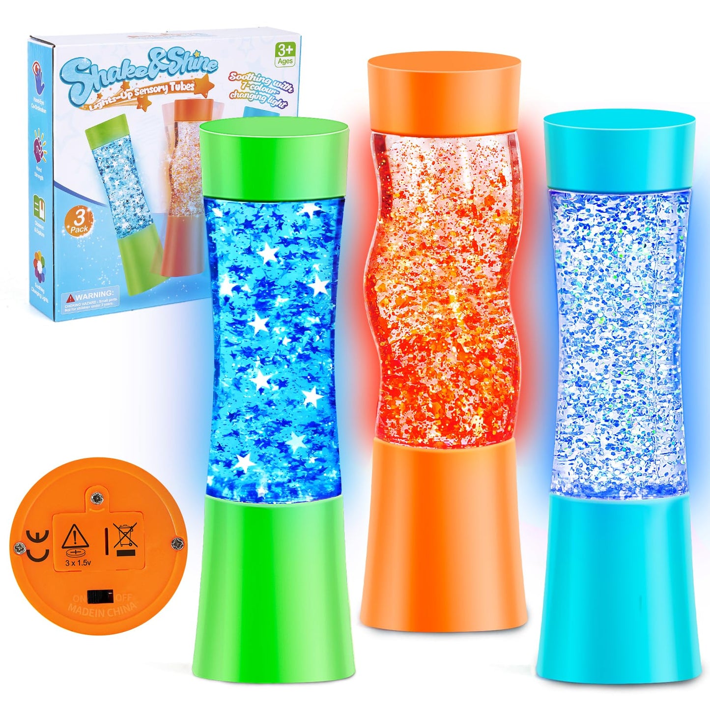 Subao 3 Pack Sensory Toys, Light-Up Sensorys Fidget Tubes Toy for Autism & ADHD, Autism Sensory Products, Autistic Claming Fidget Toys, Anxiety Stress Relief Gifts for Kids Teenagers Adults Boys Girls