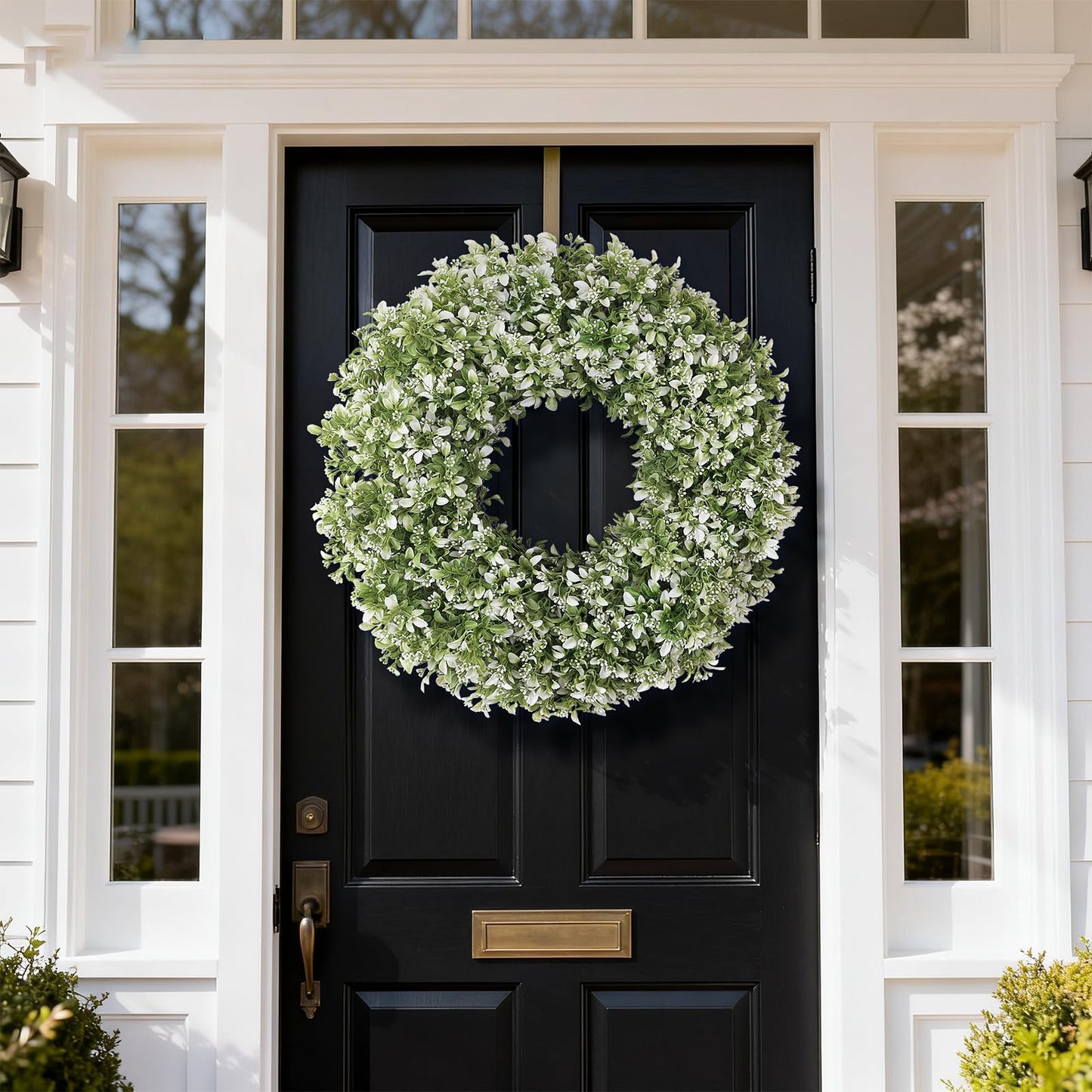 26" Artificial Boxwood Wreath for Front Door - Large Faux Aglaia Odorata Wreath, Fake Eucalyptus Leaves Plants for Wall Window Farmhouse Outdoor Decor - Spring, Summer, All Seasons (White-Green)