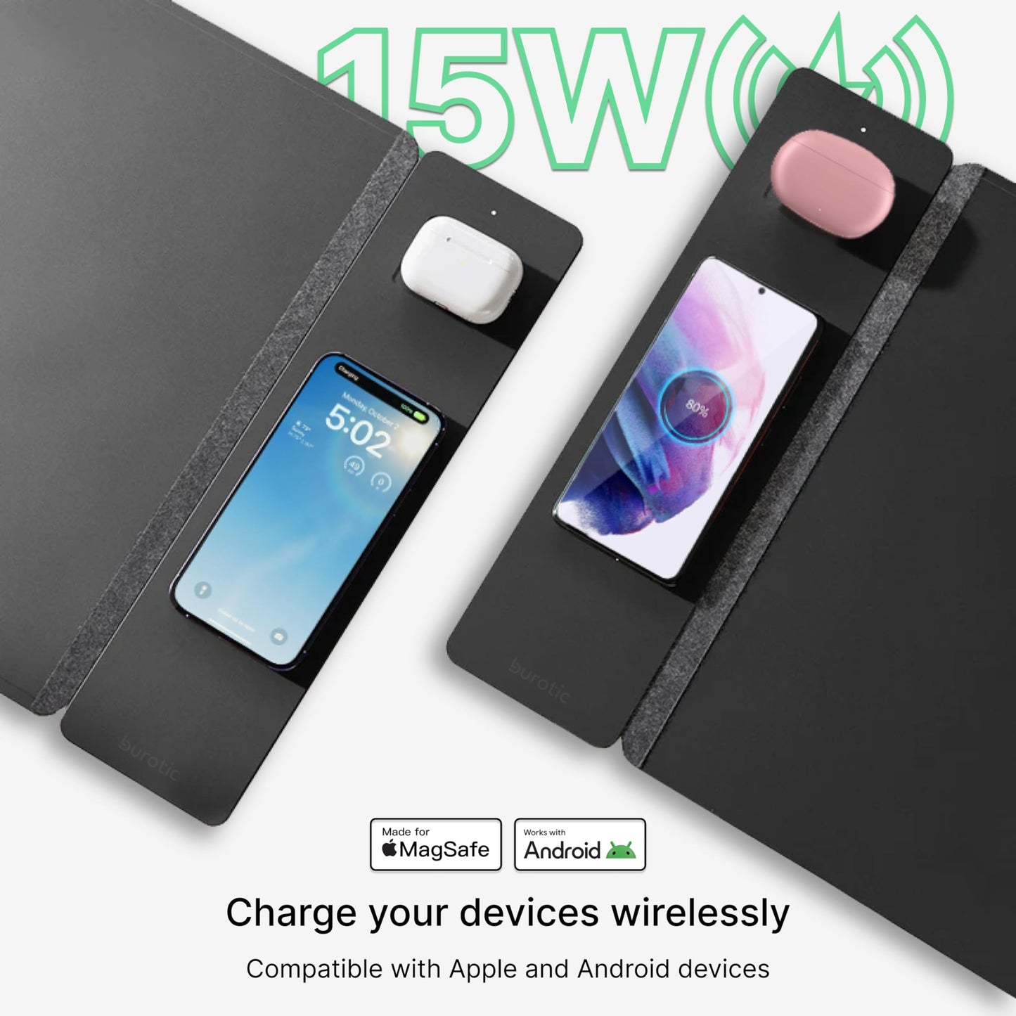 burotic Wireless Charging Desk Pad, Large Non-Slip Reversible Felt & Vegan PU Leather Desk Mat, Waterproof, Detachable Magnetic Panel - Organize, Charge 2 Devices, Apple & Android Compatible - Black