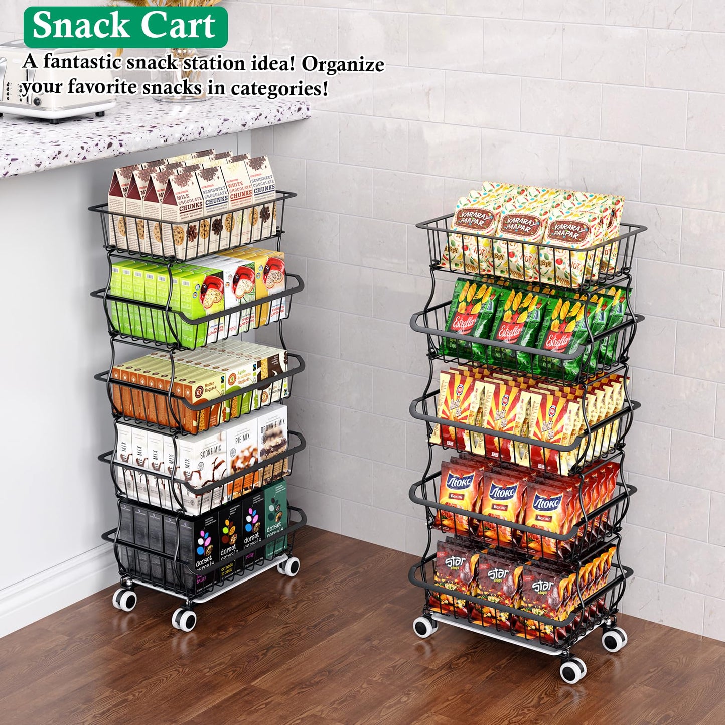 OKZEST 5 Tier Fruit Basket for Kitchen, Stackable Bins Wire Rack with Wheels, Fruit and Vegetable Storage Basket Pantry Food Snack Organizer Shelf, Kitchen Storage Cart for Onion and Potato, Produce
