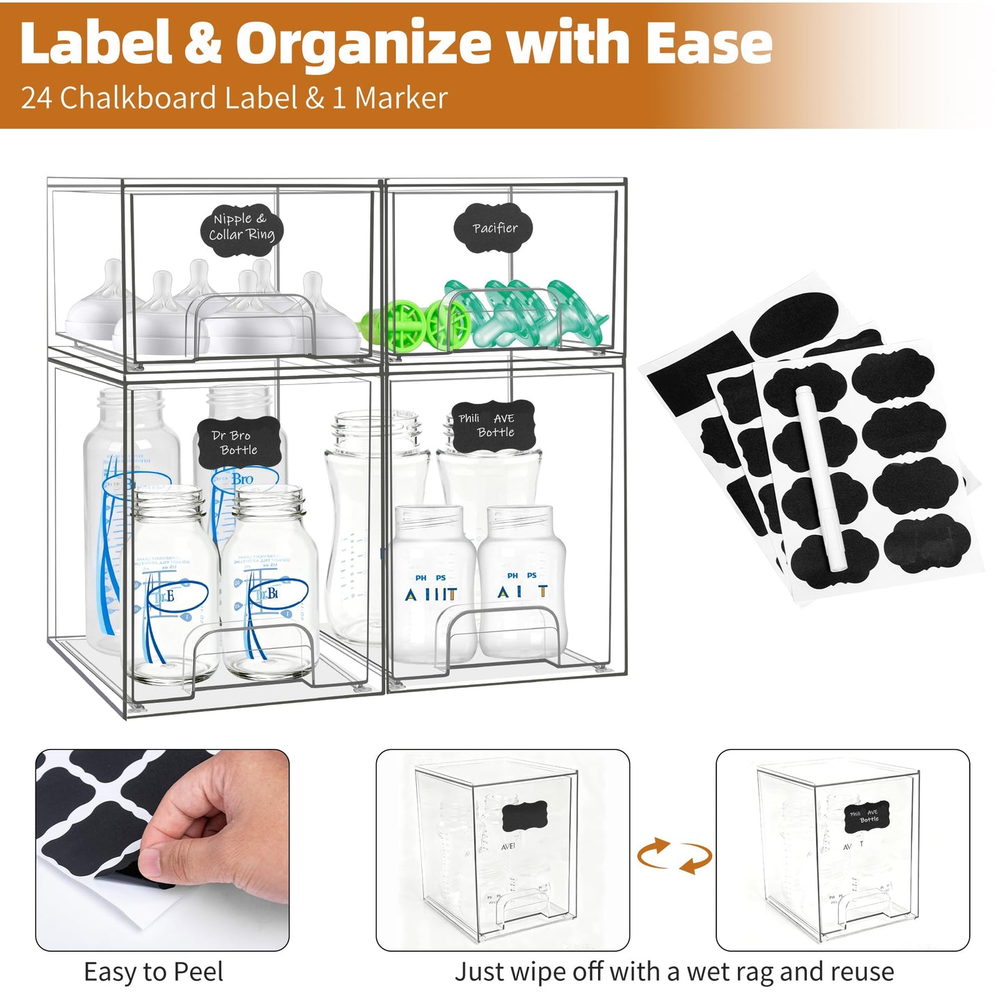 Baby Bottle Organizer, Stackable Storage Drawers with Label, Clear Station Organizers Container for Pacifiers, Pump Parts, Desk Organizer Bins for Bathroom, Cabinet, Pantry, Vanity, Countertop, 4 Pack