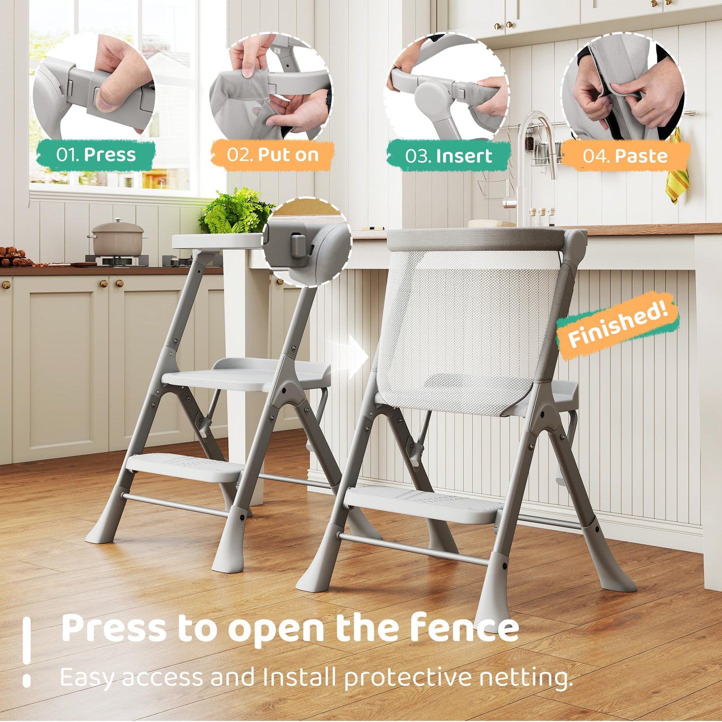 Toddler Tower, Non-Folding Structure for Maximum Stability, Kitchen Stool Helper with Anti-Tipping Structure and Safety Net, Ultra-Secure, Ideal for Toddlers 18 Months to 4 Years, Gray