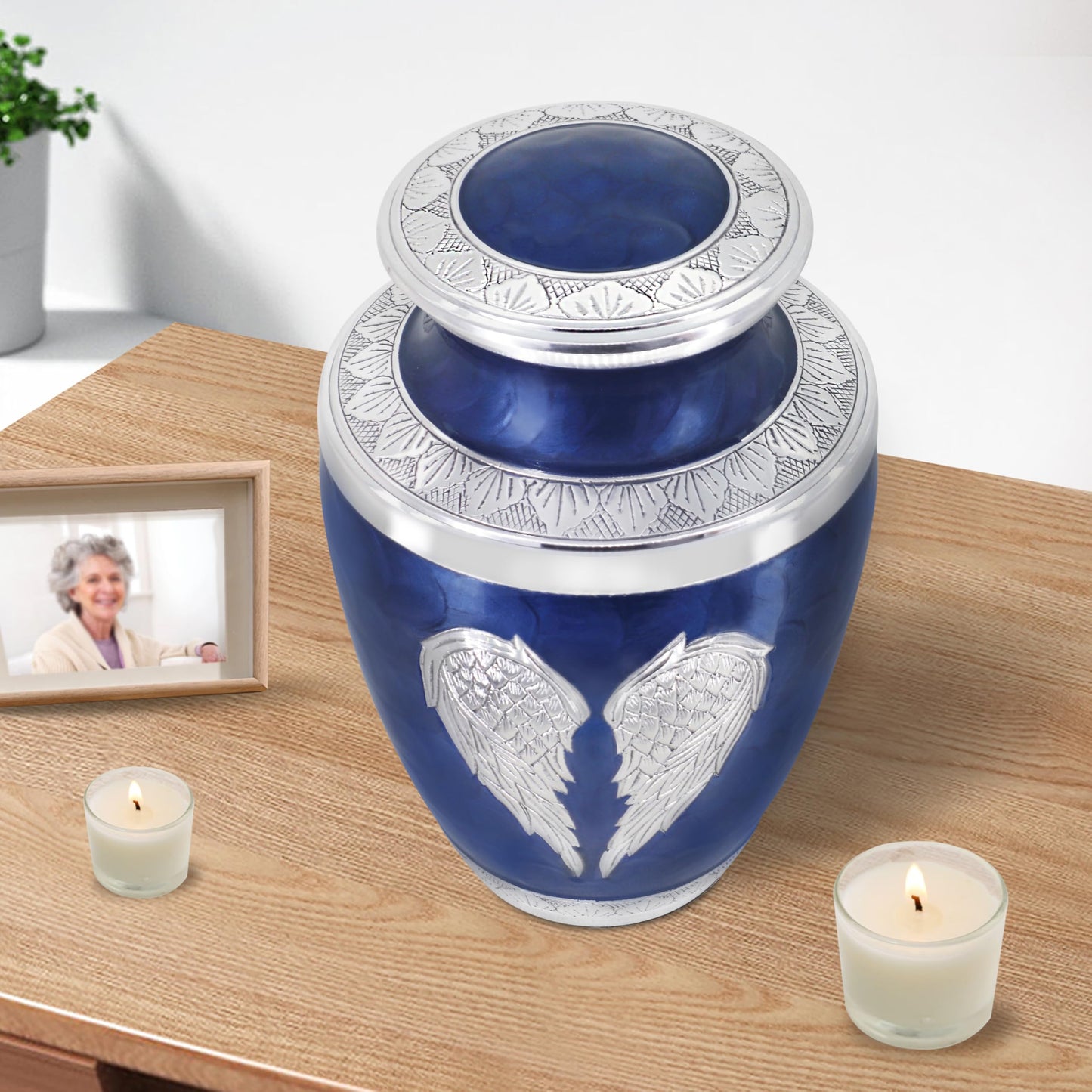 M MEILINXU Urns for Human Ashes Adult Man & Women, Cremation Urn for Ashes Adult Male & Female, Burial Urn, Decorative Urns for Funeral, Silver Engraved Angel Wings, Dark Blue and Silvery - Large