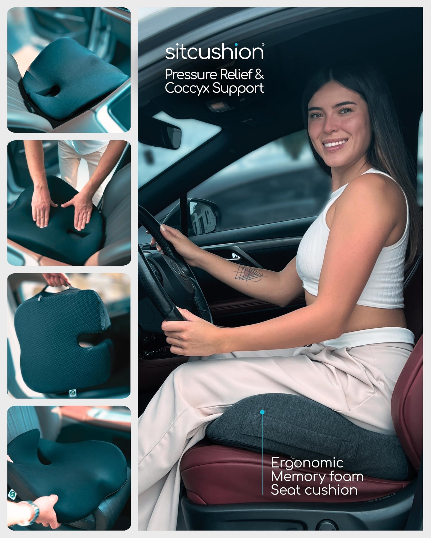 SitCushion Car Seat Cushion for Long Driving, Extra Large Memory Foam Seat Cushion for Sciatica Pain Relief, Car Essentials Orthopedic Pillow for Back Support, Tailbone Pain Relief Cushion (Black)