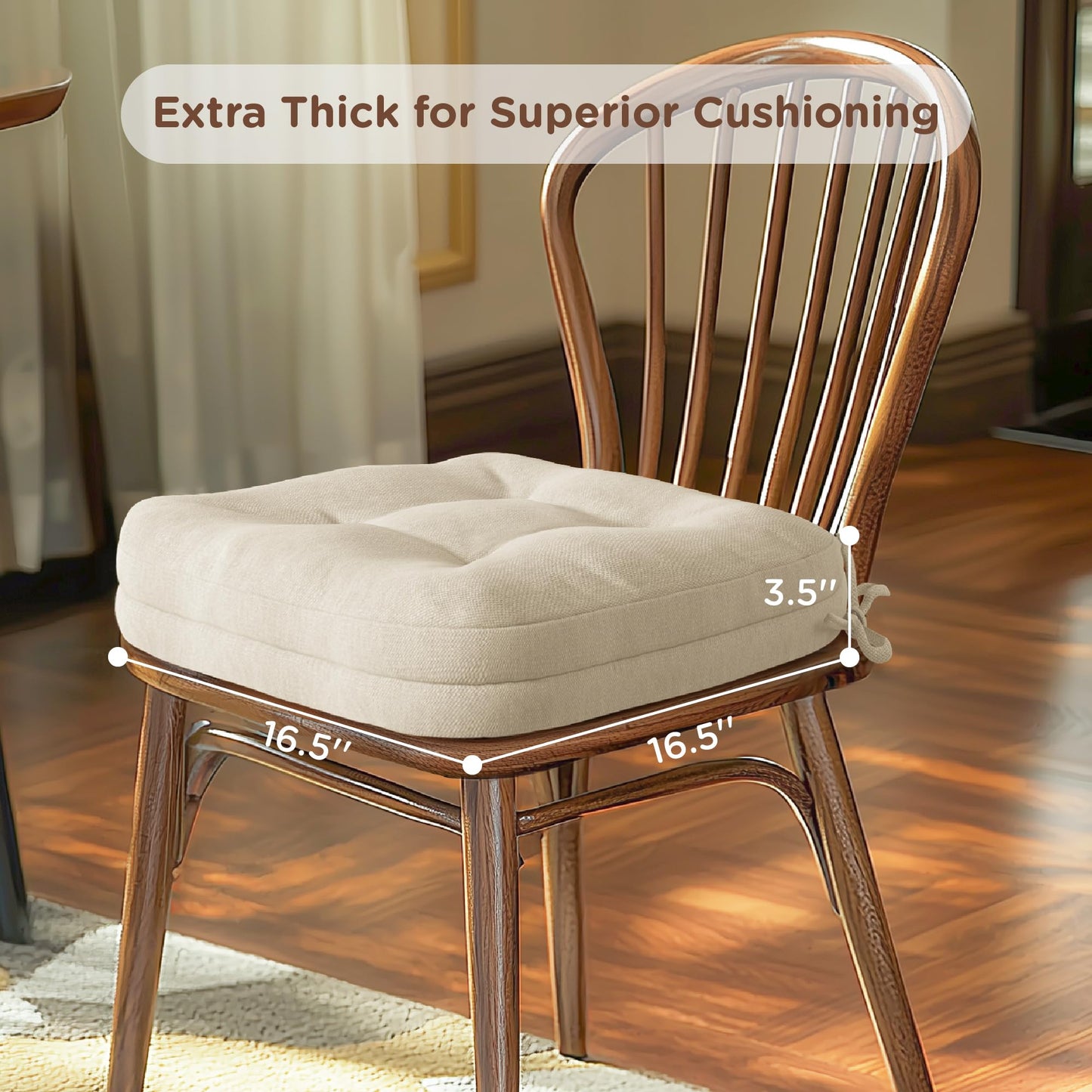 Codi Dining Chair Cushions 4 Pack, Thick Chairs Pads for Indoor Kitchen Room - Washable, Non-Slip Seat Cushion with Ties, 16.5"x16.5"x 3.5", Set of 4, Beige
