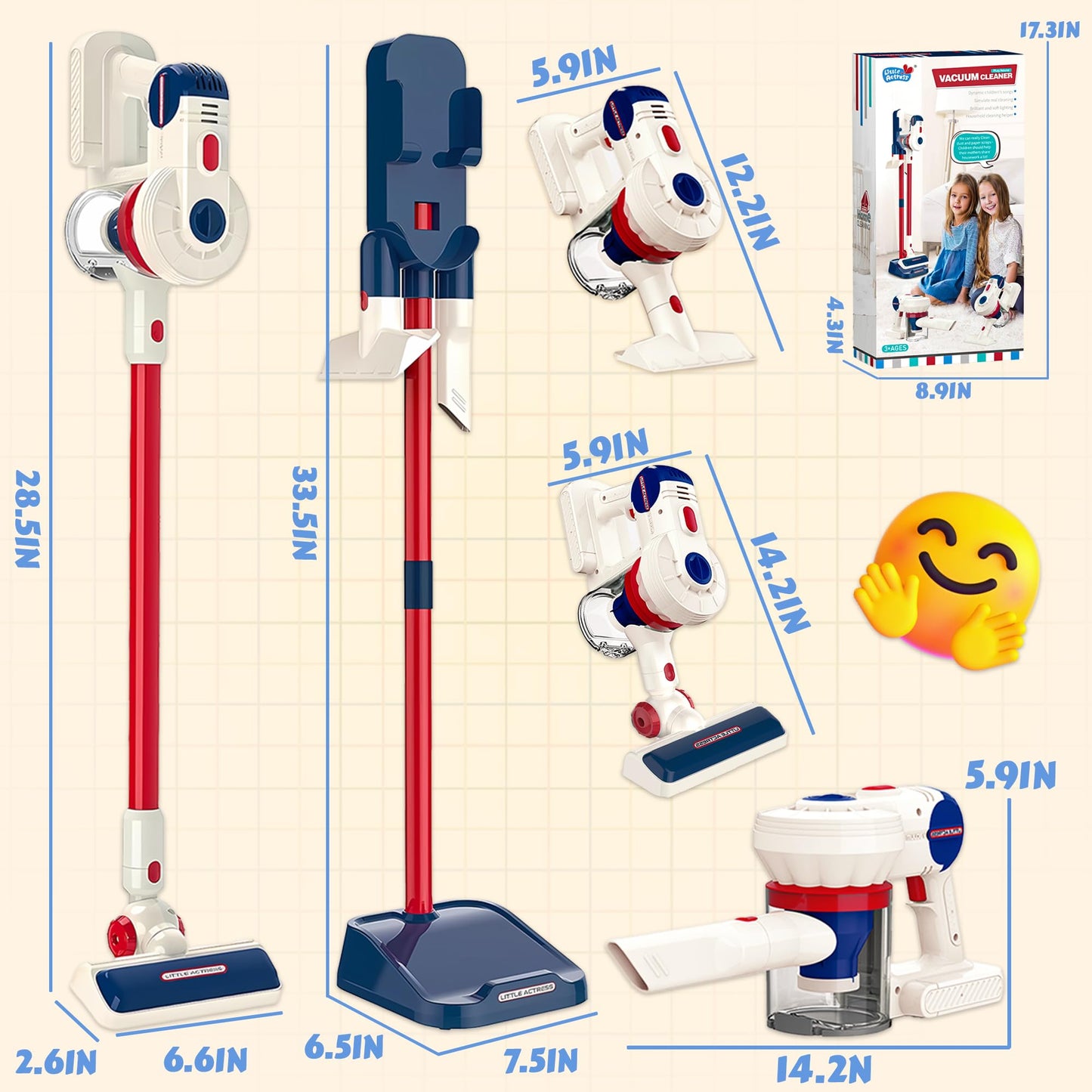 Kids Vacuum That Really Works, SMILESSKIDDO Kids Cleaning Toy Set - 3 in 1 Suction Design & Safe Material Toy Vacuum - Perfect Montessori Pretend Vacuum for Toddlers 3-8