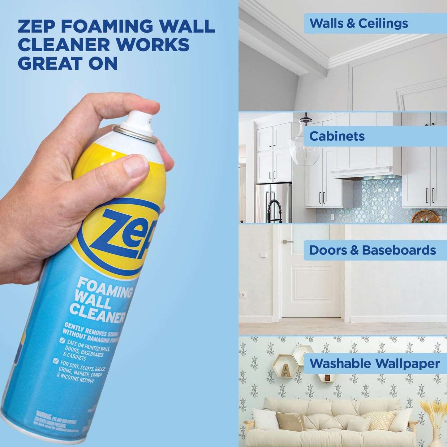 Zep Foaming Wall Cleaner - 18 oz (Case of 12) - ZUFWC18 - Removes Stains Without Damaging Finishes, Scrub-Free Wall Cleaner Spray, For Ceilings, Walls, Baseboards And More