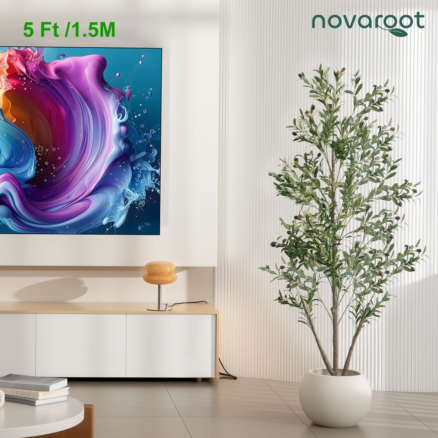 Olive Trees Artificial Indoor, 5FT Tall Faux Olive Tree with Lights Moss and Planter, Artificial Plants Indoor with Natural Wood Trunk and Lifelike Fruits, Fake Tree for Home Office Living Room Decor