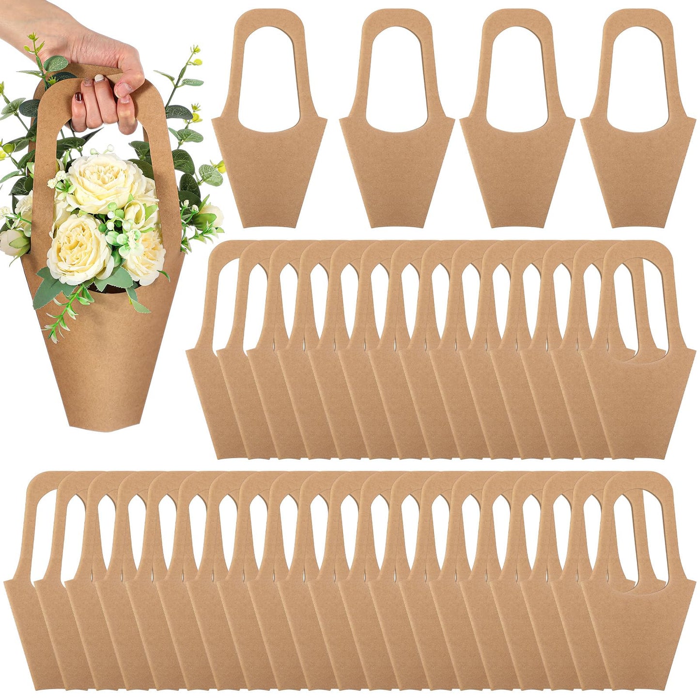 Gilprop 100 Packs Kraft Paper Flowers Gift Bags with Handle, 13.8'' Flowers Bouquet Holder for Wedding, Valentines Day Decoration, Florist Shop