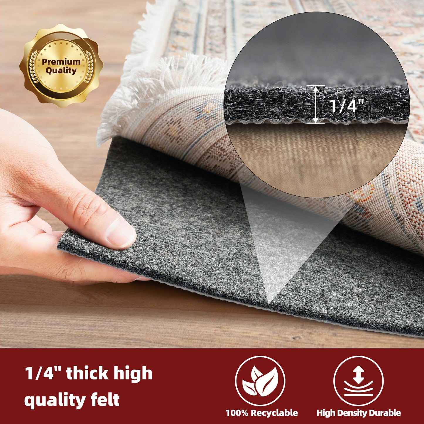 BAGAIL Felt and Natural Rubber Backing Rug Pads 1/4” Thick, 5 x 8 Ft Non Slip Carpet Gripper Keep Rugs in Place, Under Area Rug Protective Cushioned Pads, Carpet Runners, Hardwood Floors Protection