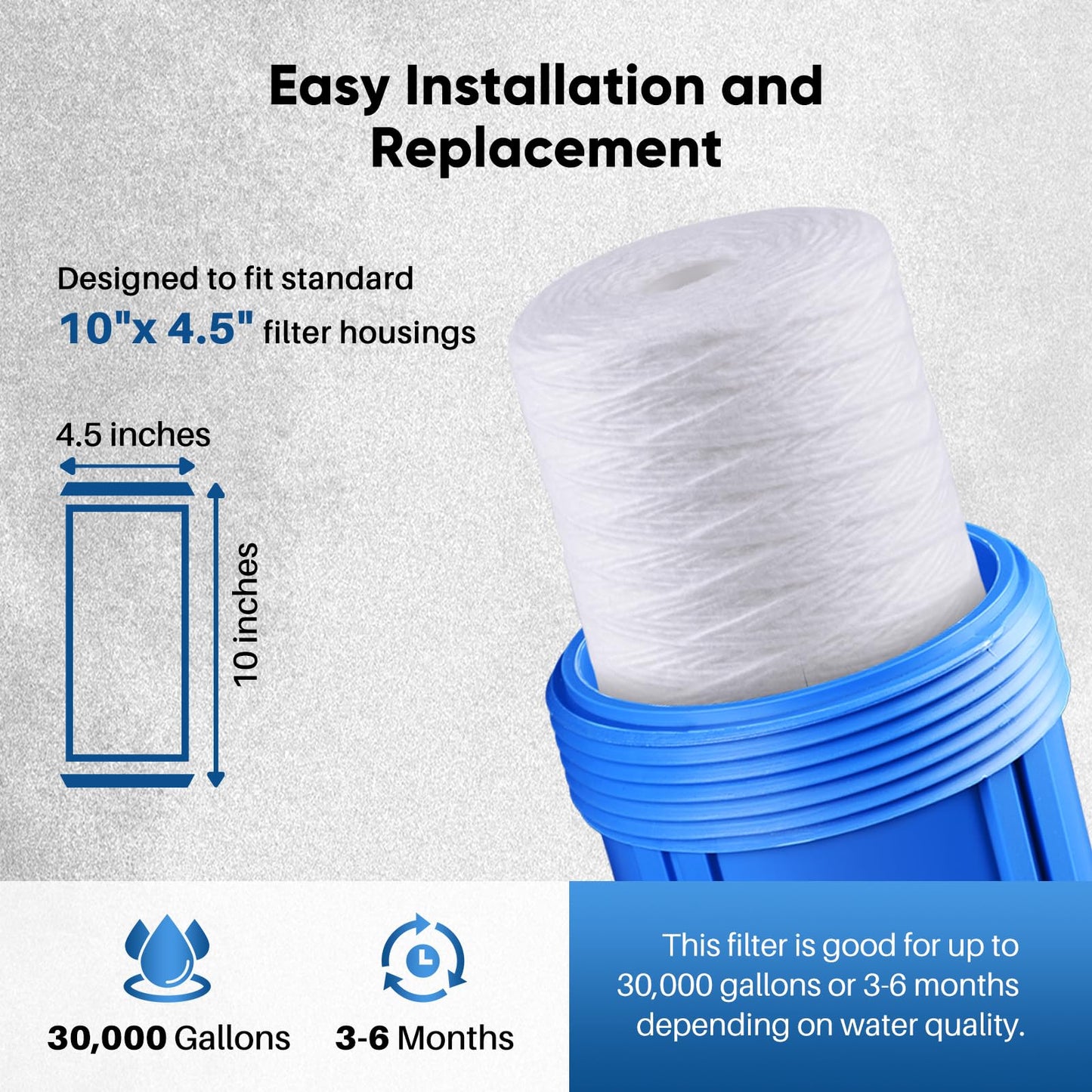 PUREPLUS 5 Micron 10 x 4.5 Whole House String Wound Sediment Filter for Well Water, Replacement Cartridge for 84637, WPX5BB97P, PC10, 355214-45, 355215-45, WP10BB97P, WP5BB97P, 3Pack