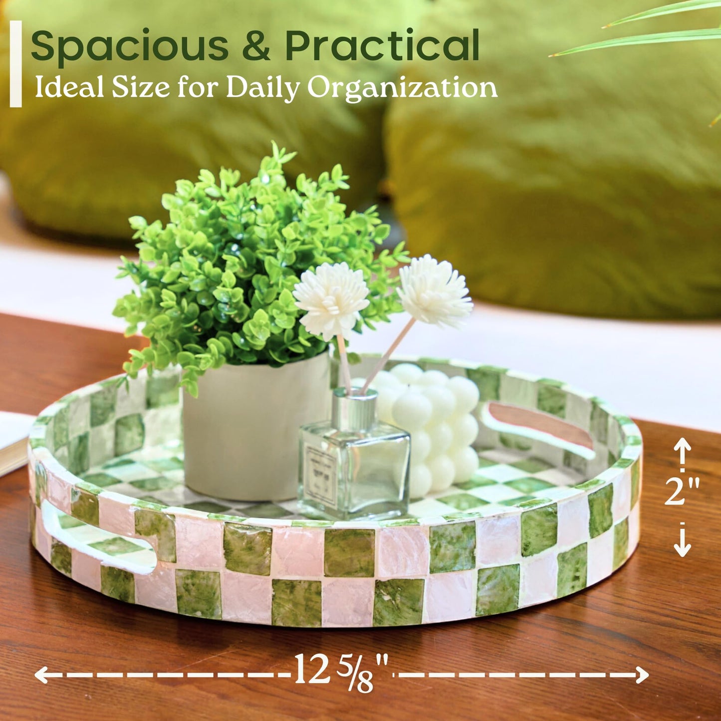 CHI AN HOME 12.6" Round Decorative Tray with Handles, Checkered Capiz Mother of Pearl Serving Tray for Coffee Table, Kitchen Counter, or Bathroom (Pistachio Green and White)
