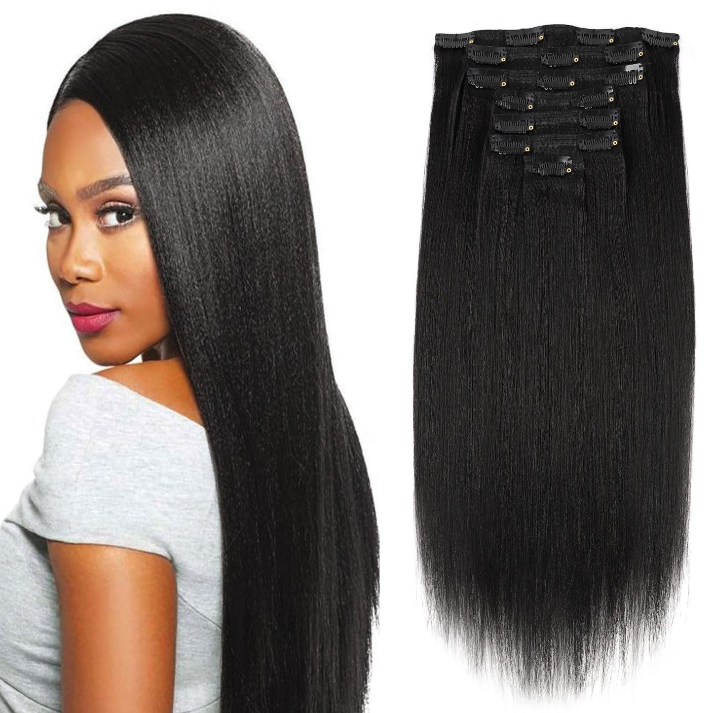 Sassina Real Remy Thick Yaki Straight Clip in Virgin Human Hair Extension Natural Black Double Wefts for African American Black Women 7 Pieces 120g with 17 Clips, YS 18 Inch