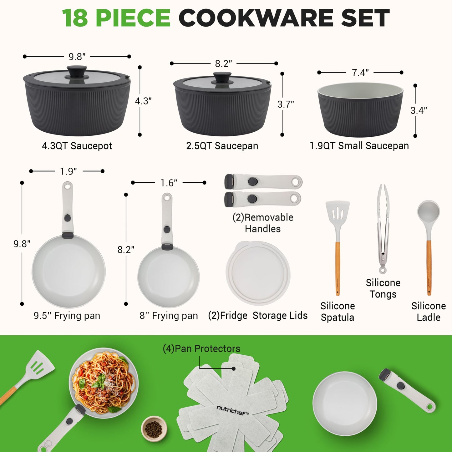 NutriChef 18-Piece Ceramic Cookware Set with Detachable Handles, Non Stick Pots and Pans, PTFE-Free Natural Ceramic Coating, Space-Saving Design, Oven & Stove Safe, Includes Utensils